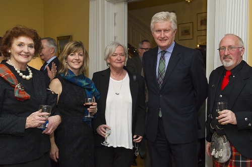 Mrs. Jenny Bruce of the Scottish Tapestry, with three SSO members -- Heather Theoret, Lynn Fleming, and Michael Cox -- and His Excellency, Howard Drake, our host. Photo: Roman Romanovich