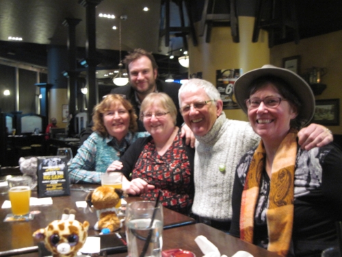 After hours there's lots of time to catch up on news with old friends -- note that karen Bass still covets the hat! (Also note ty stuffed animals...) That's Wesley king standing behind Joanne richards and karen upper.
