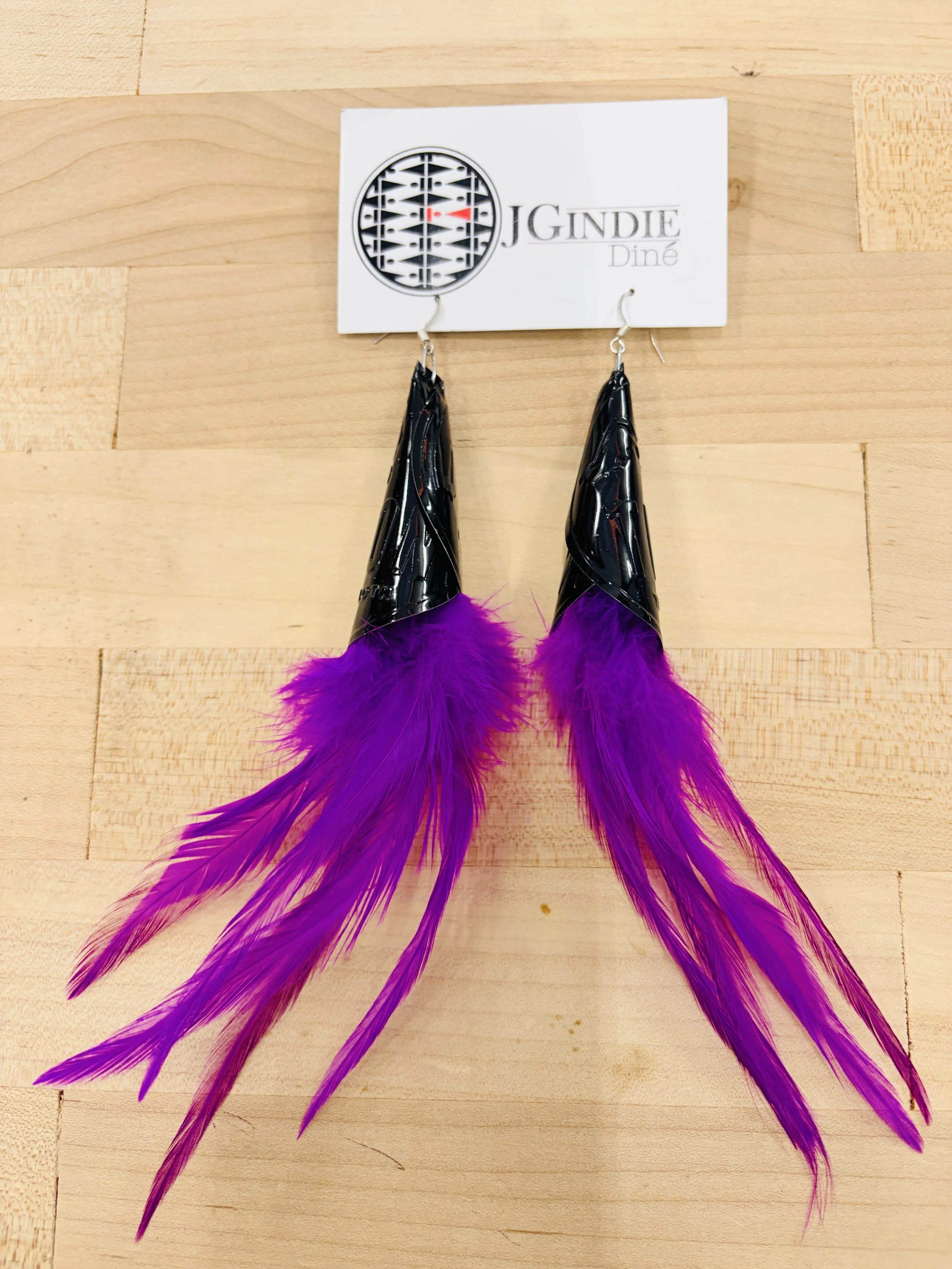 Black POW WOW Jingle Earrings and Purple Feathers