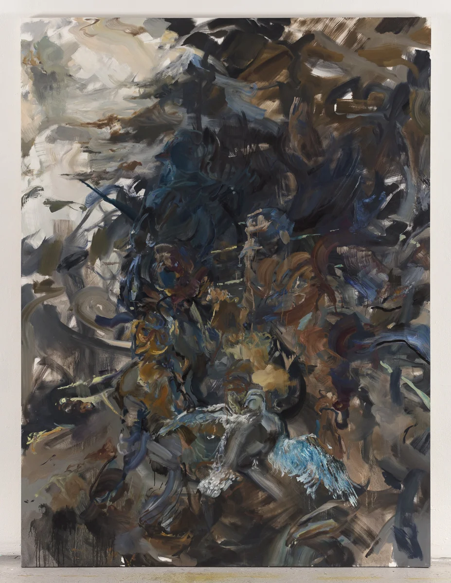 Hunters Under Blind 96in x 72in, oil on canvas, 2017