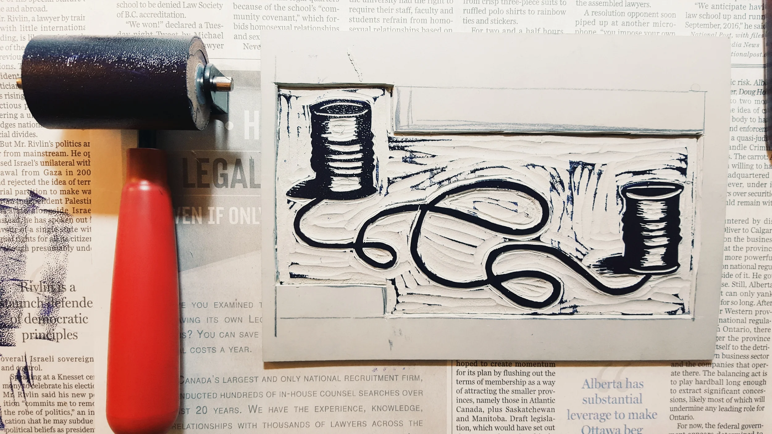 Roller and Inked lino block
