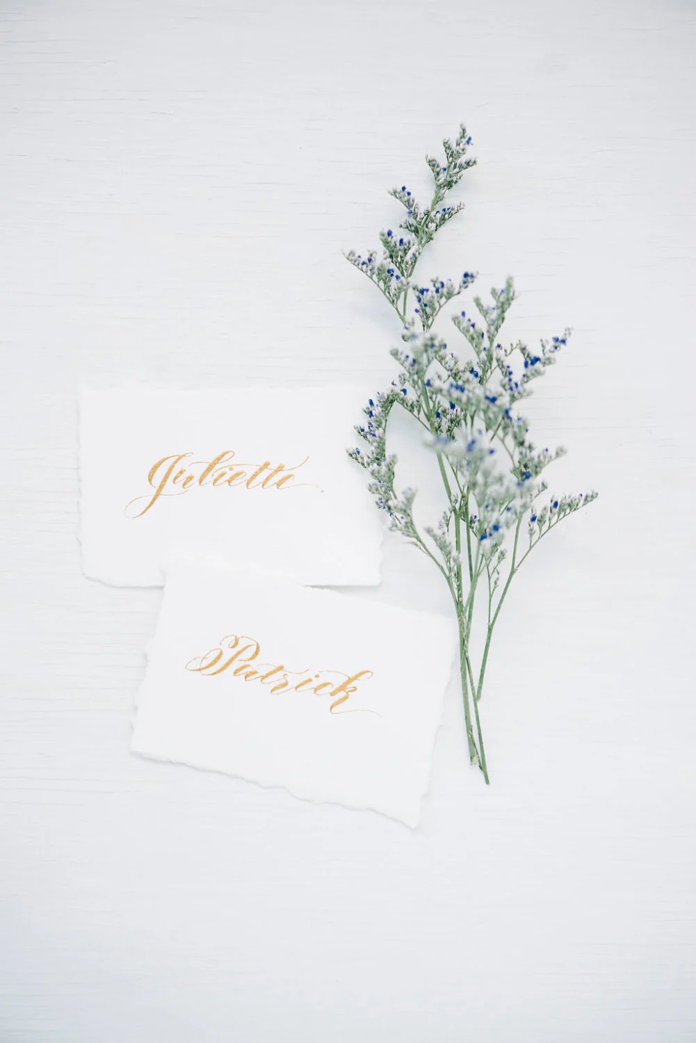 gold on white wedding place cards