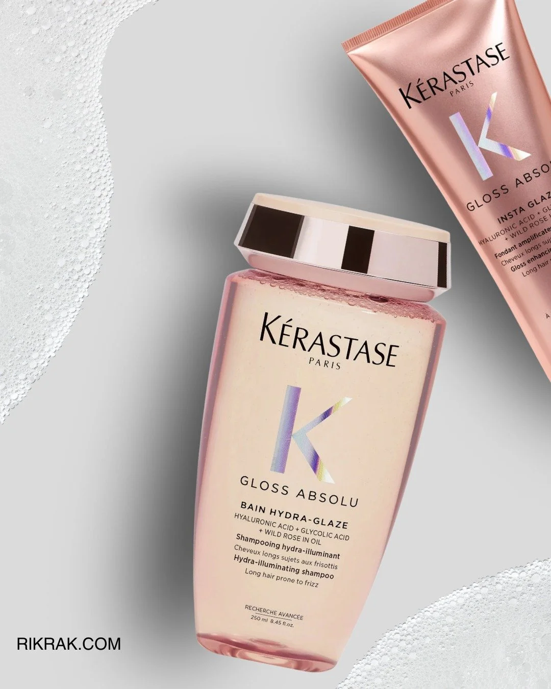 Shine, smoothness, and softness . K&eacute;rastase Gloss Absolu collection delivers radiant, frizz-free hair infused with hyaluronic and glycolic acid. Available at RikRak.