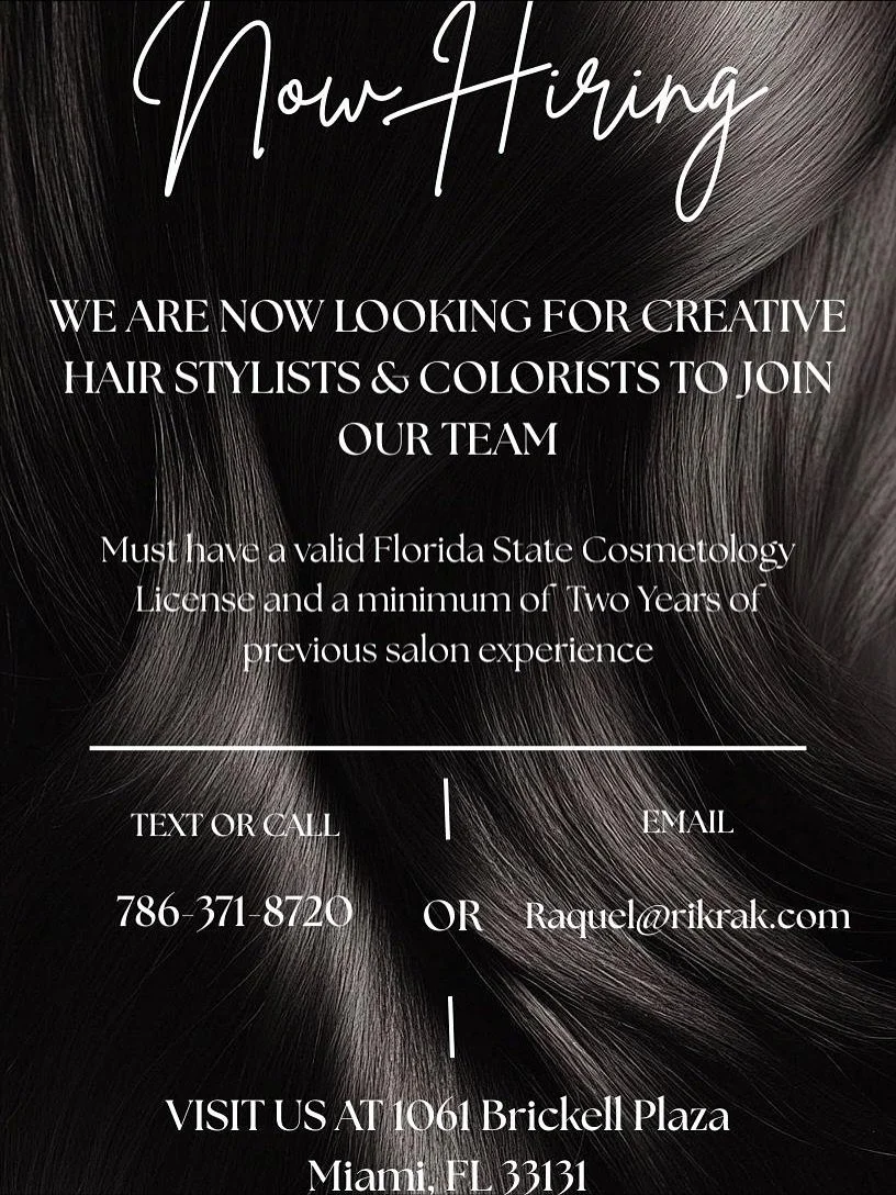 ✨ JOIN OUR TEAM ✨

Rik Rak Salon is growing!
We&rsquo;re now hiring passionate hair stylists, colorists, and nail technicians to join our creative team in Brickell.
If you&rsquo;re licensed in Florida and have salon experience, we&rsquo;d love to mee