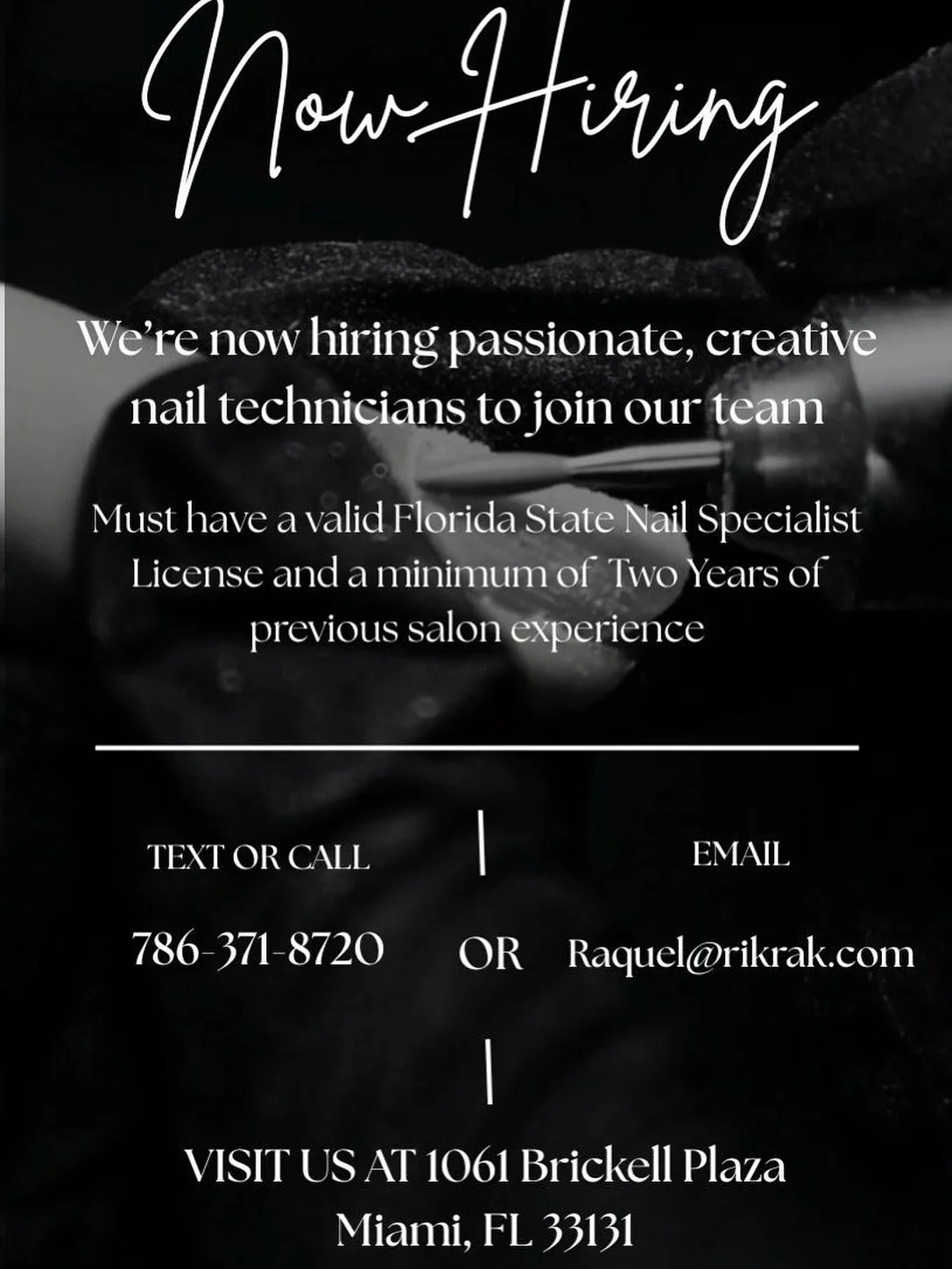 Join our team at Rik Rak! 💅
We&rsquo;re hiring licensed nail technicians with salon experience.
📞 786-371-8720 | 📍Brickell
