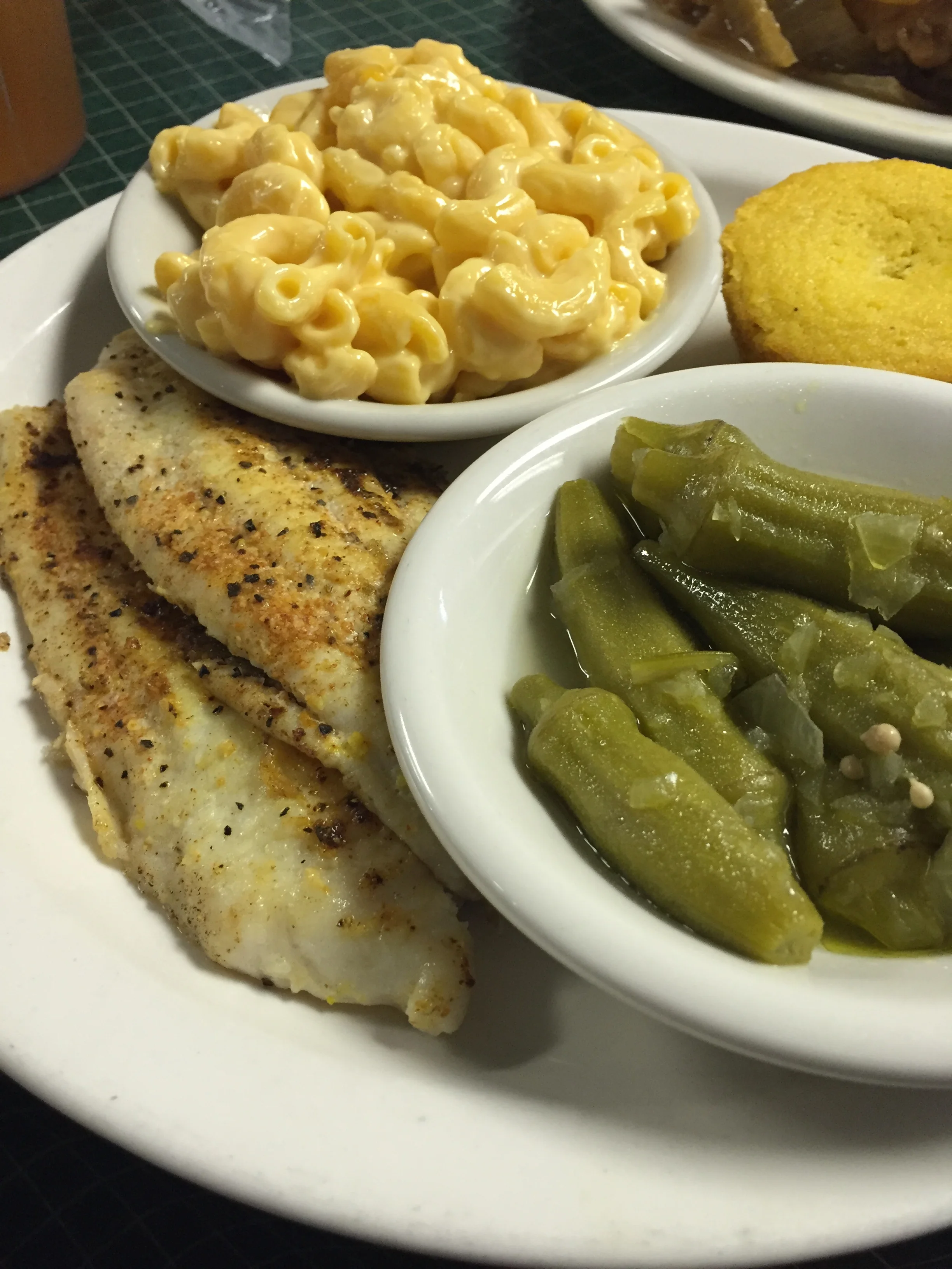 Baked catfish with mac and cheese and okra