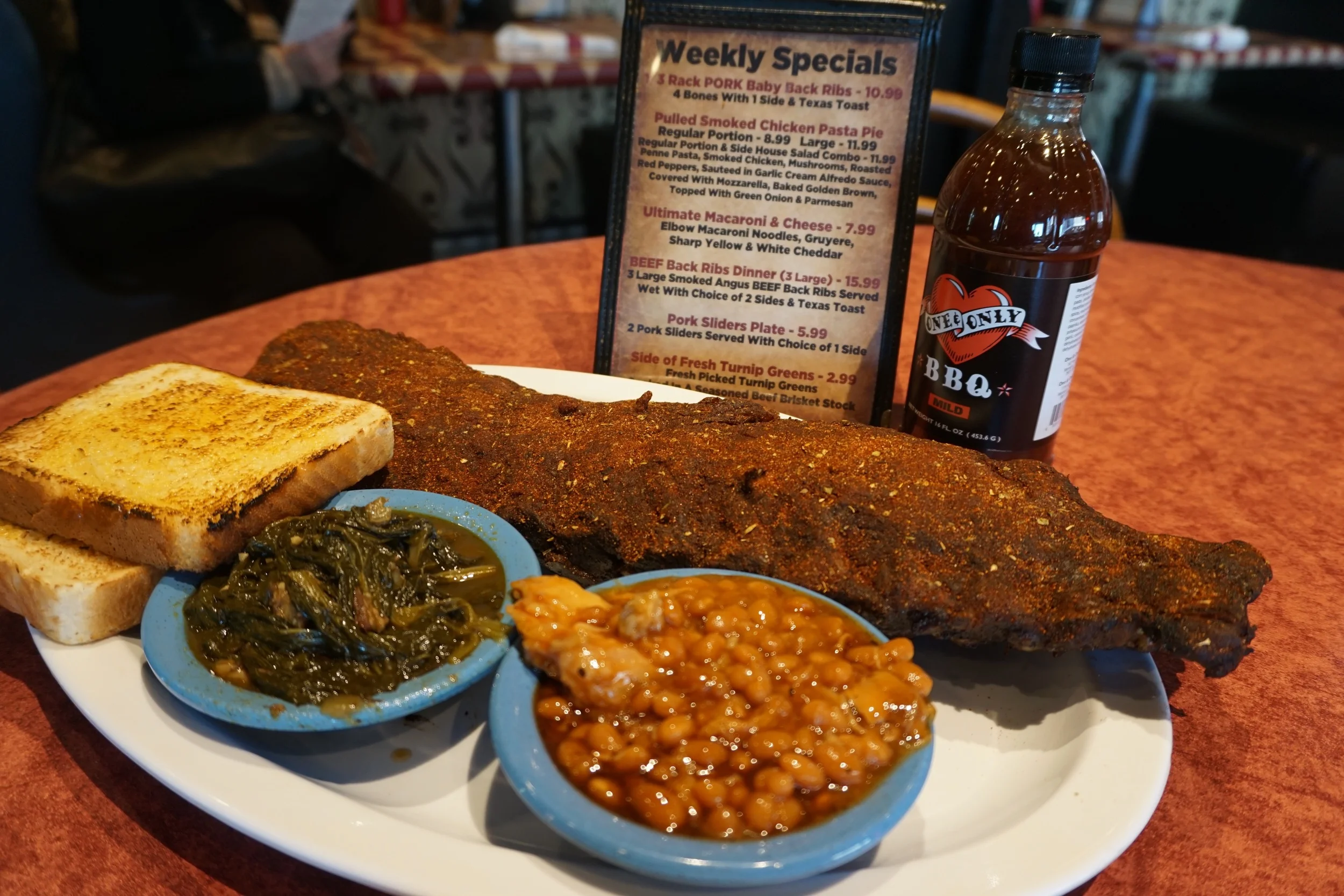 Dry rub ribs with baked beans and greens!