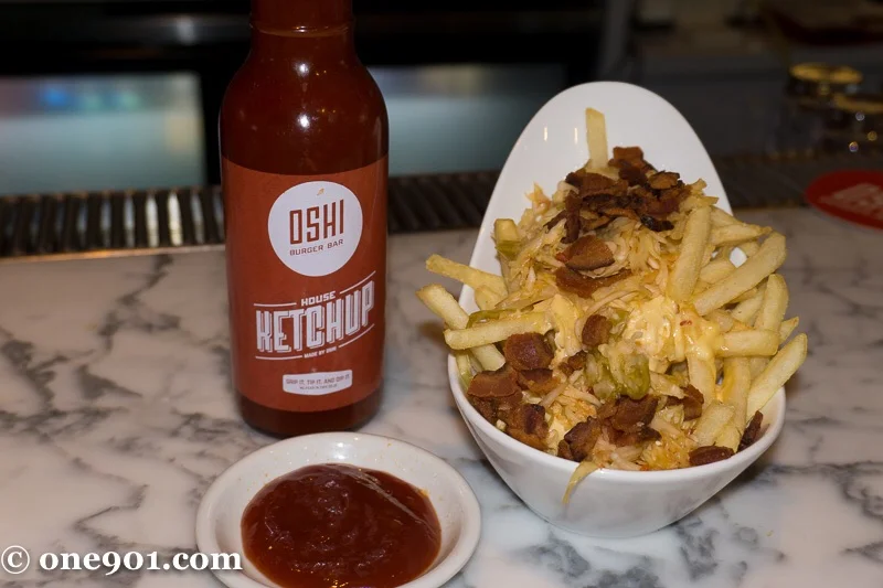 Skinny fries with kimchi, bacon, & beer sauce