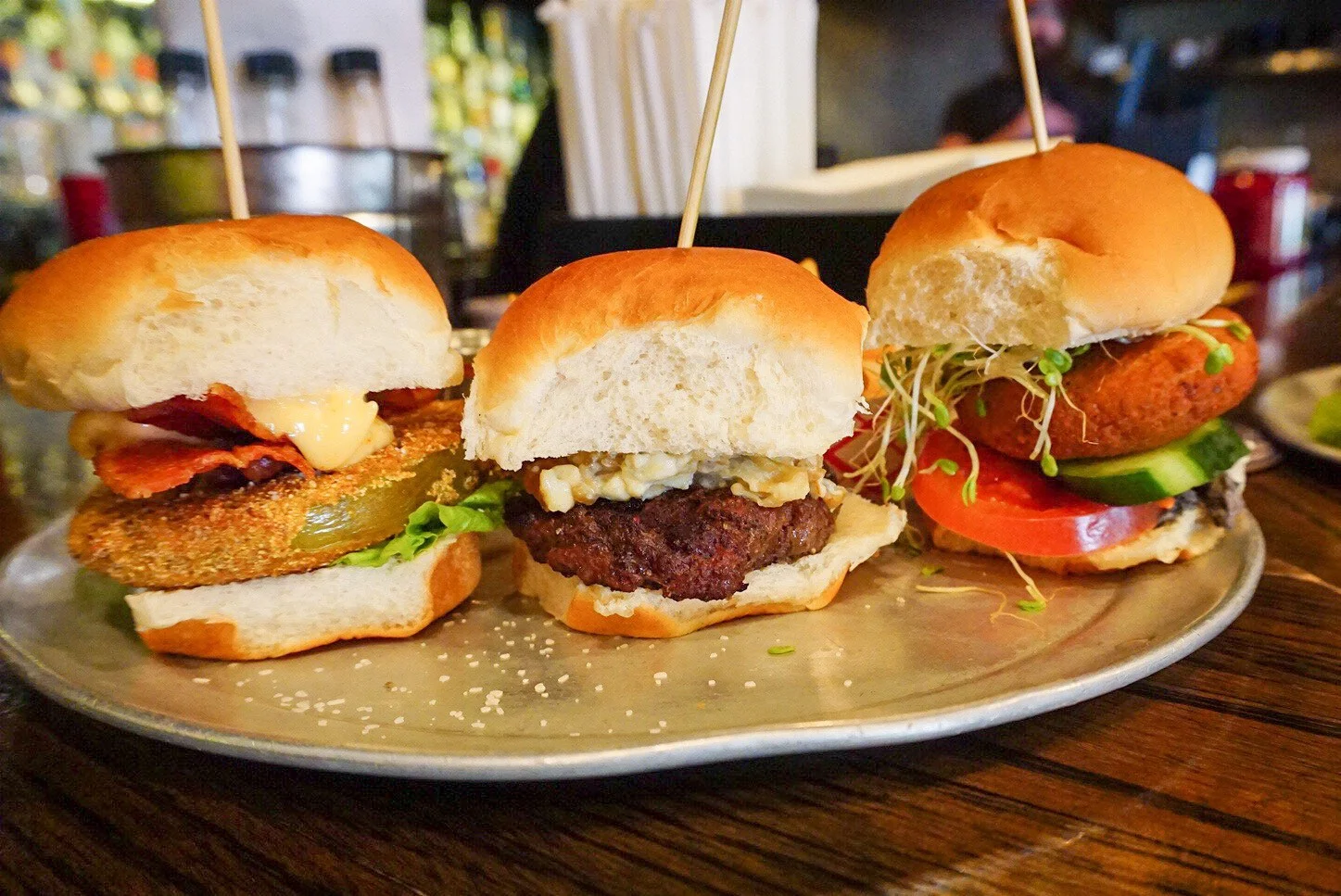 Fried Green tomato BLT, Bleu Cheese Burger, Falafel Burger 