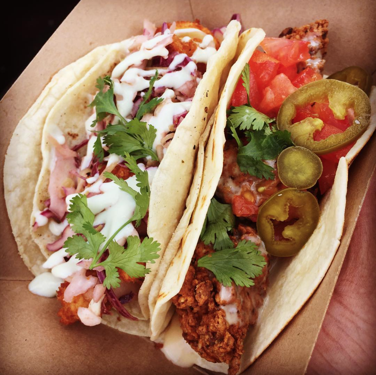 Shrimp and Fried Chicken tacos