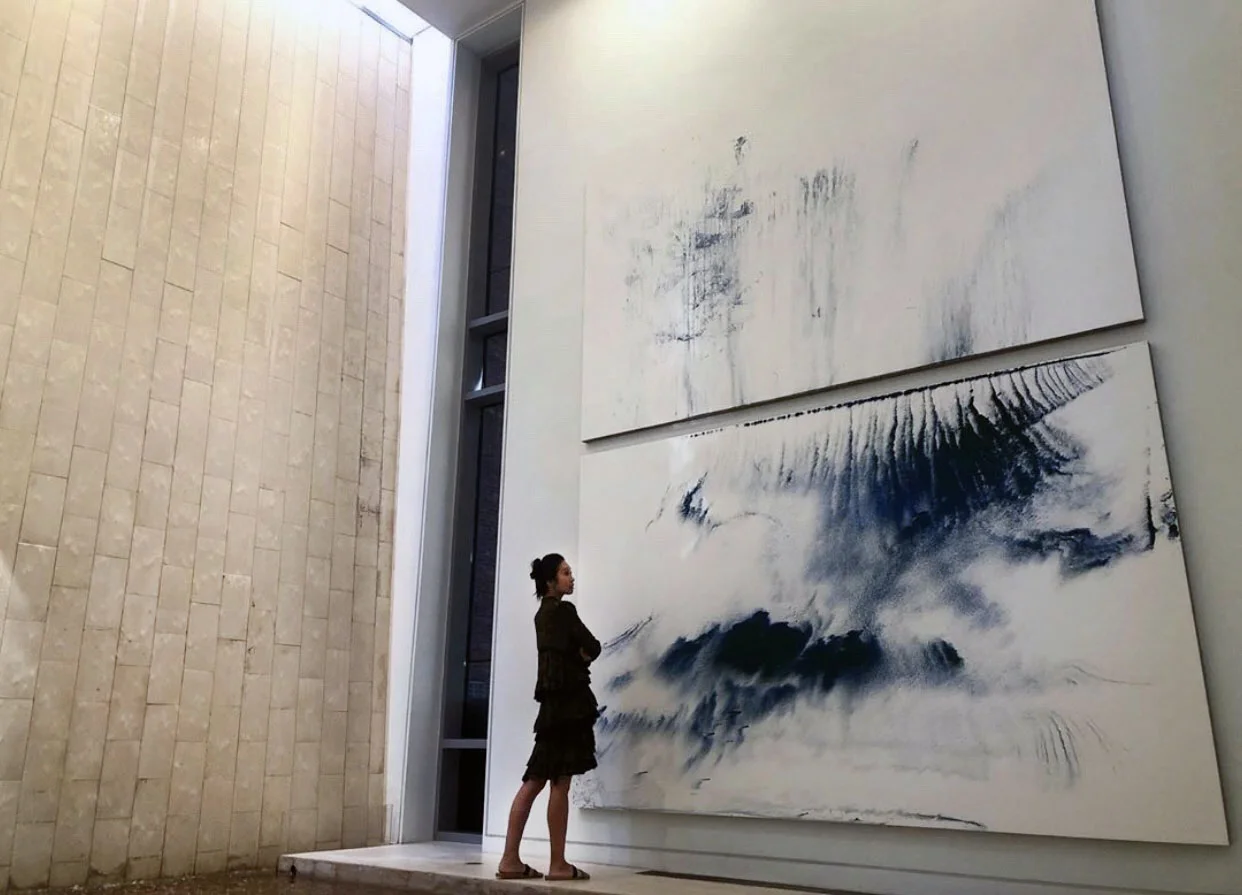 Kate Shin, in front of Makoto Fujimura’s Walking on Water painting next to the Waterfall (2019, Waterfall M&G 2019)