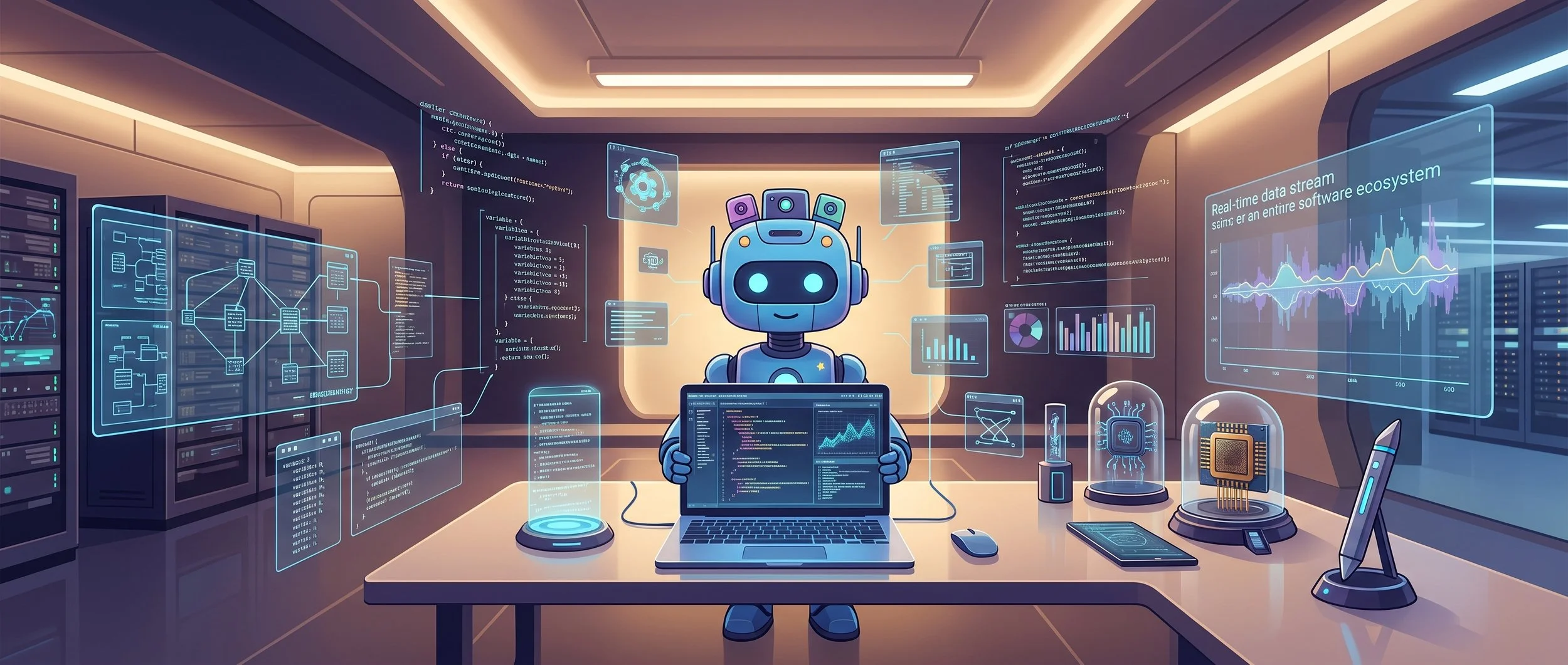 A robot at a desk reviewing code on a laptop, surrounded by holographic panels