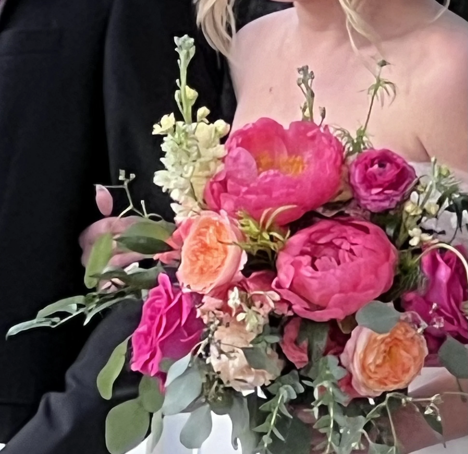 Coral Charm and peach garden roses