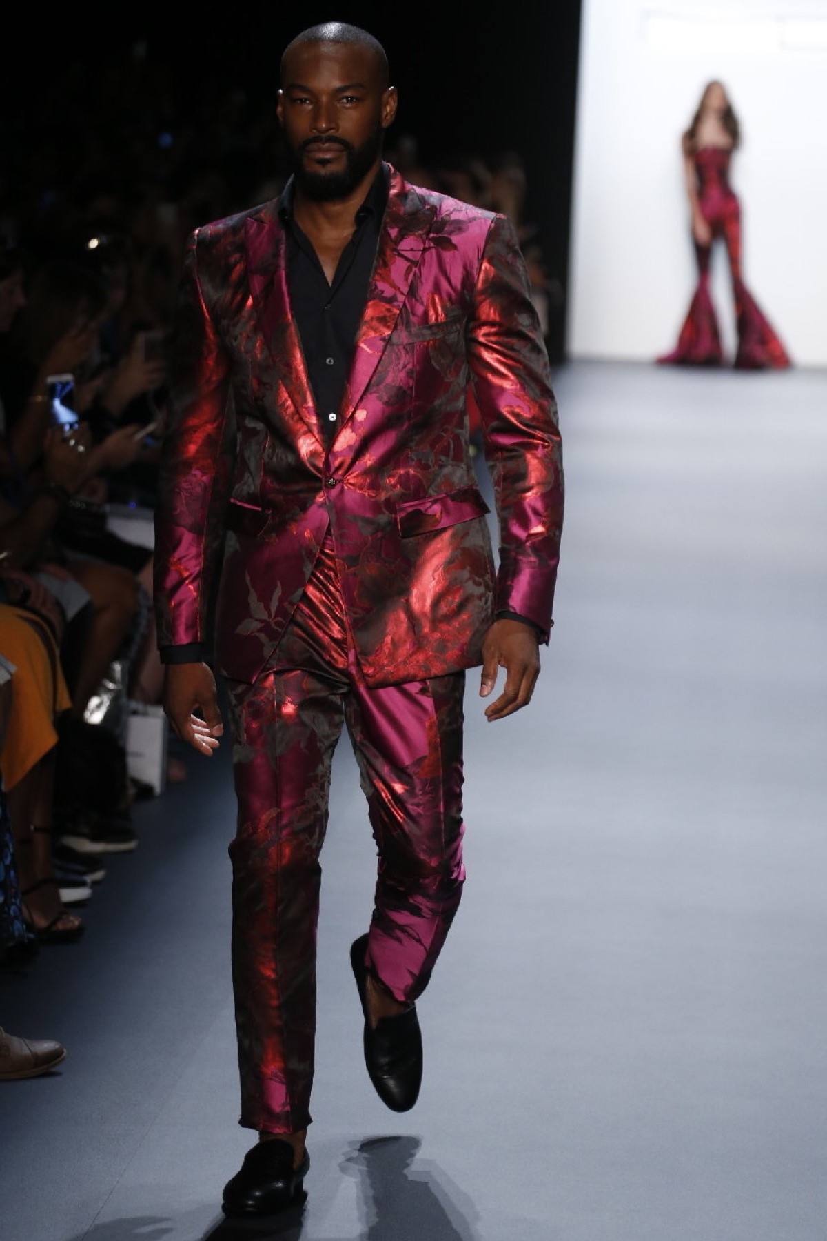 Tyson Beckford on the runway for Michael Costello, Taken from NYFW.com
