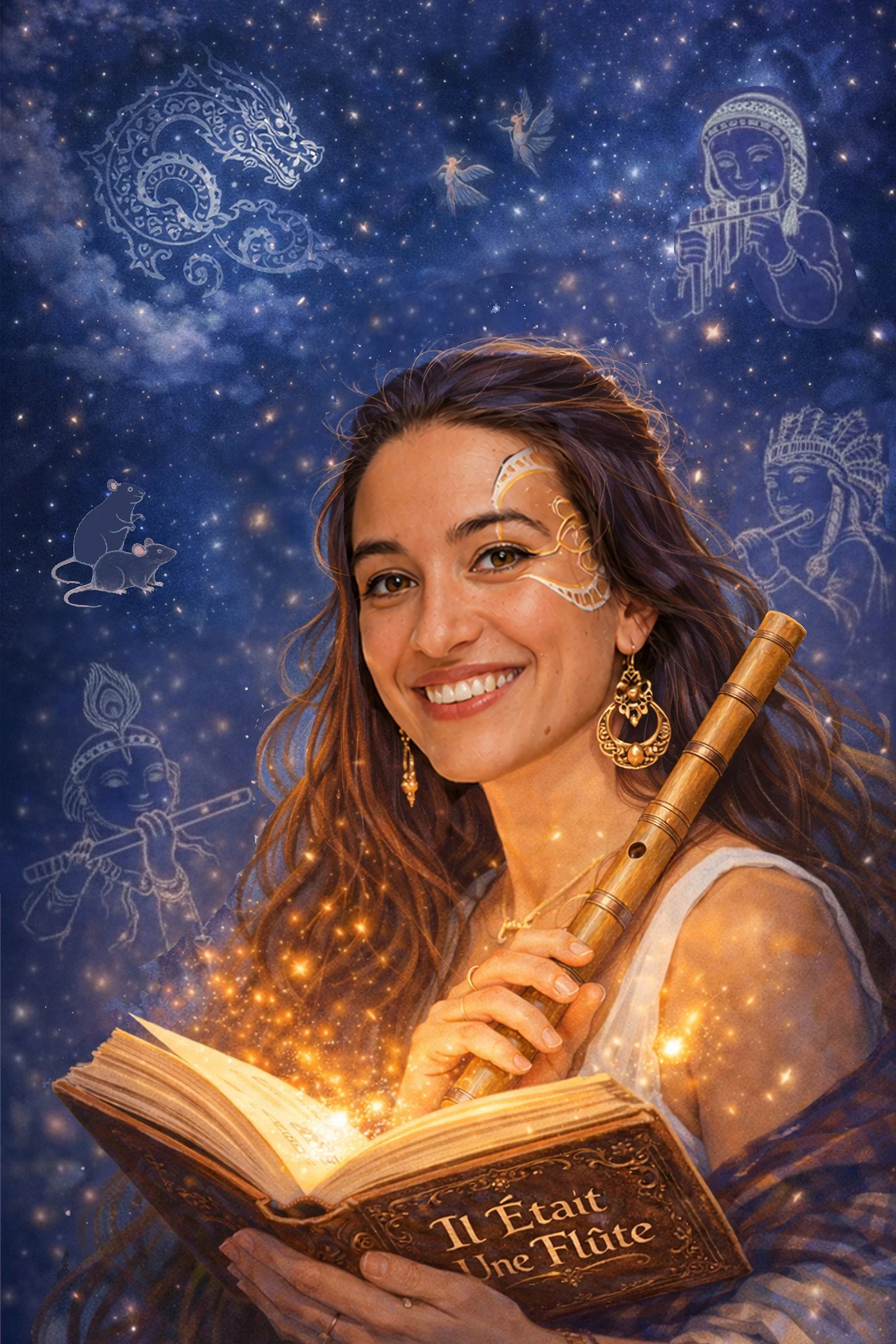 A woman with long hair smiling while holding a flute and reading a book titled "Il Était Une Flûte." The background features a starry sky with illustrations of mythological beings, animals, and musical instruments, creating a magical, celestial atmosphere.