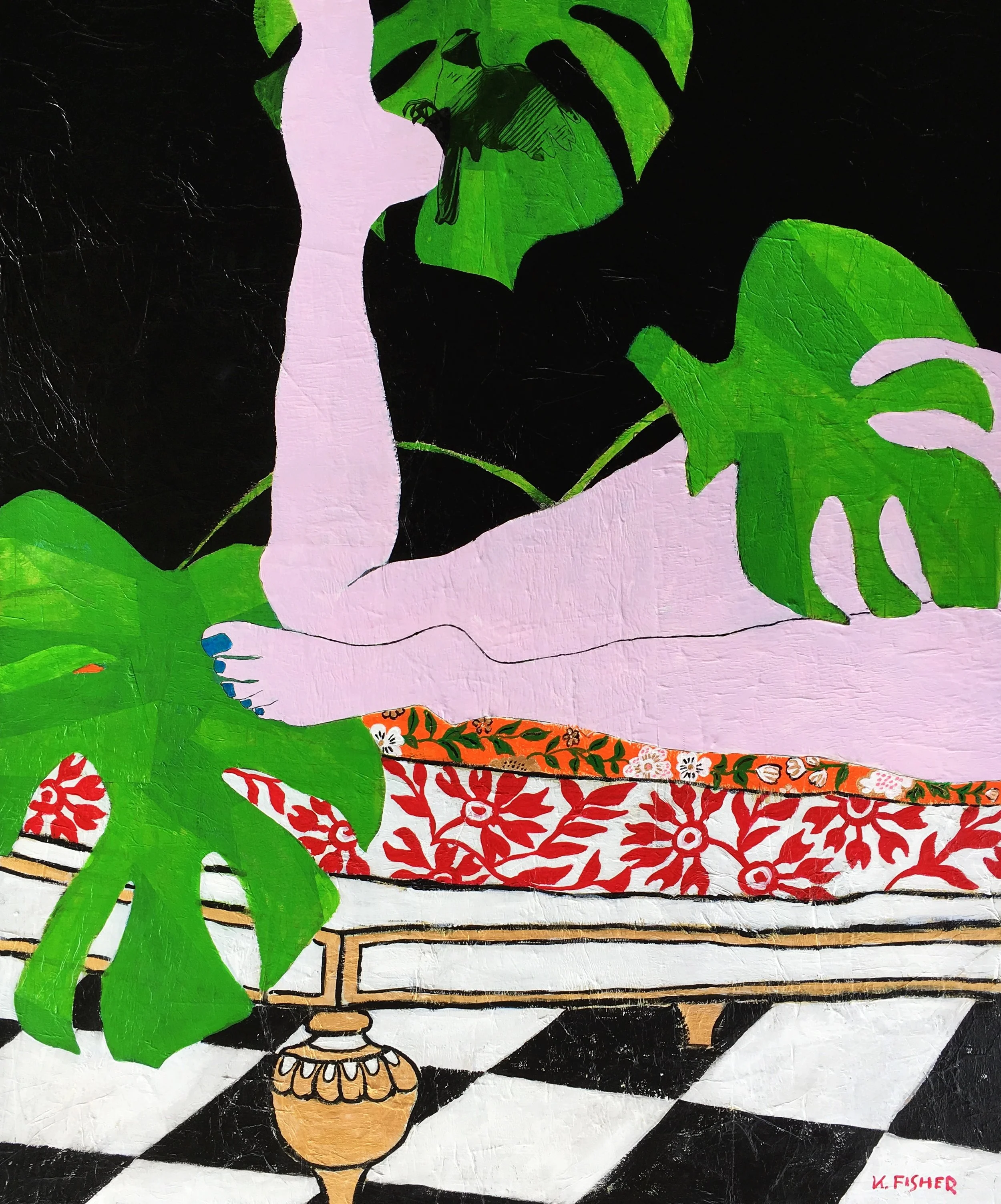 Reclining Woman on a Checkered Floor with Chickadee