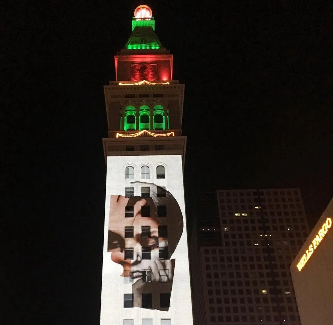 Face from July 1, 2020 for projection with the Denver Collage Club through Nights of Denver onto the facade of the Daniels & Fisher building curated by Mark Sink, January 2, 2021 [still encouraged to wear masks even outdoors]