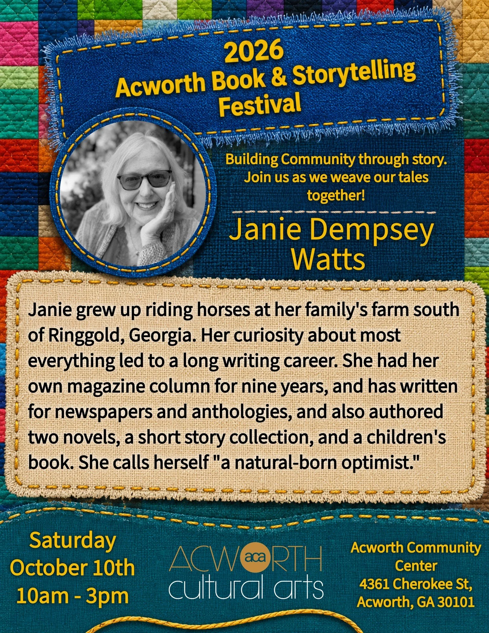 We want welcome @janiewatts1  to our festival this year! 

Janie has written 2 novels, a short story collection, a children's book, and 9 years worth of magazine columns!  Janie has many stories to share!

Help us welcome Janie to our festival!