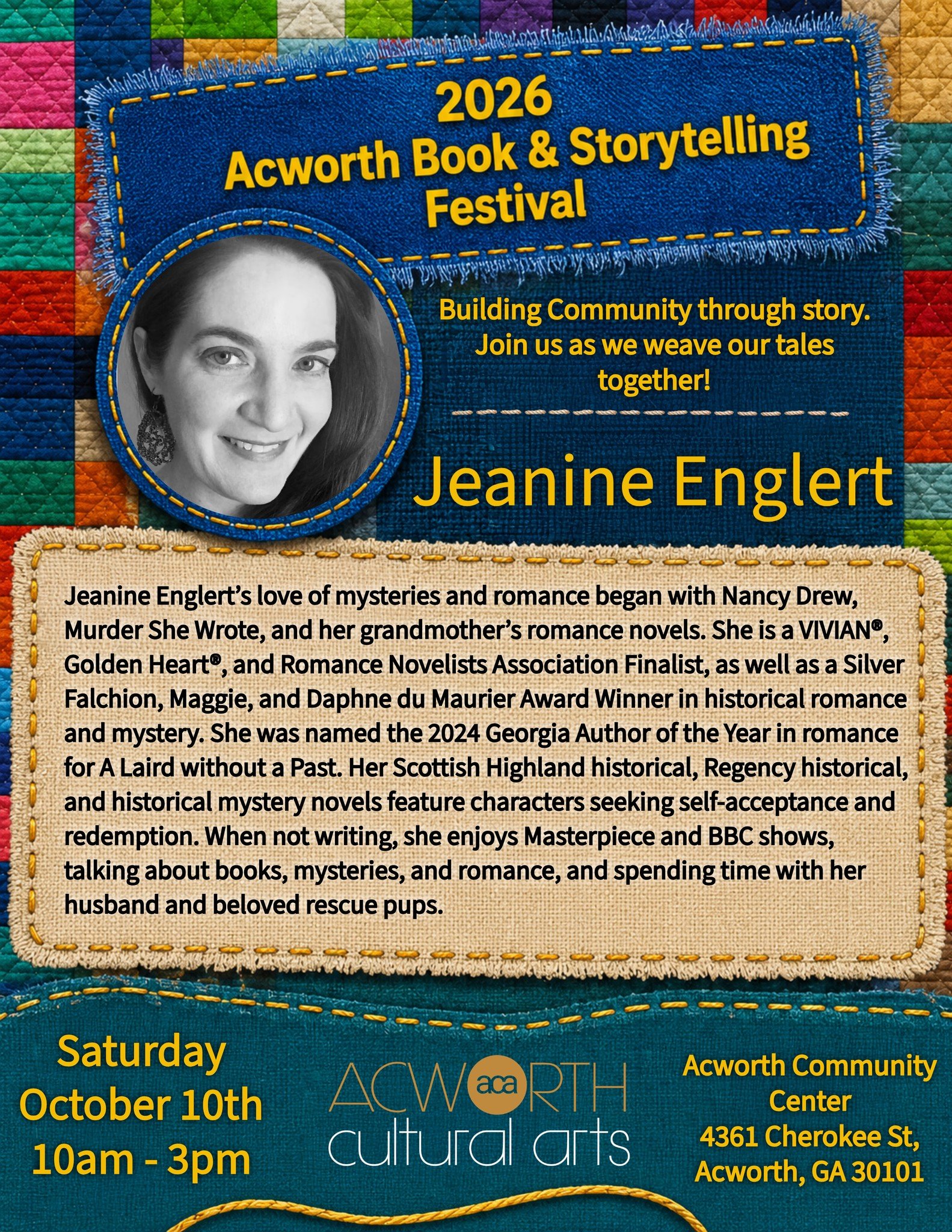 We want welcome @jeaninewrites to our festival this year! 

Jeanine is an award winning romance author who enjoys Masterpiece and BBC shows, talking about books, and spending time with her husband and beloved rescue pups!

Help us welcome Jeanine to 