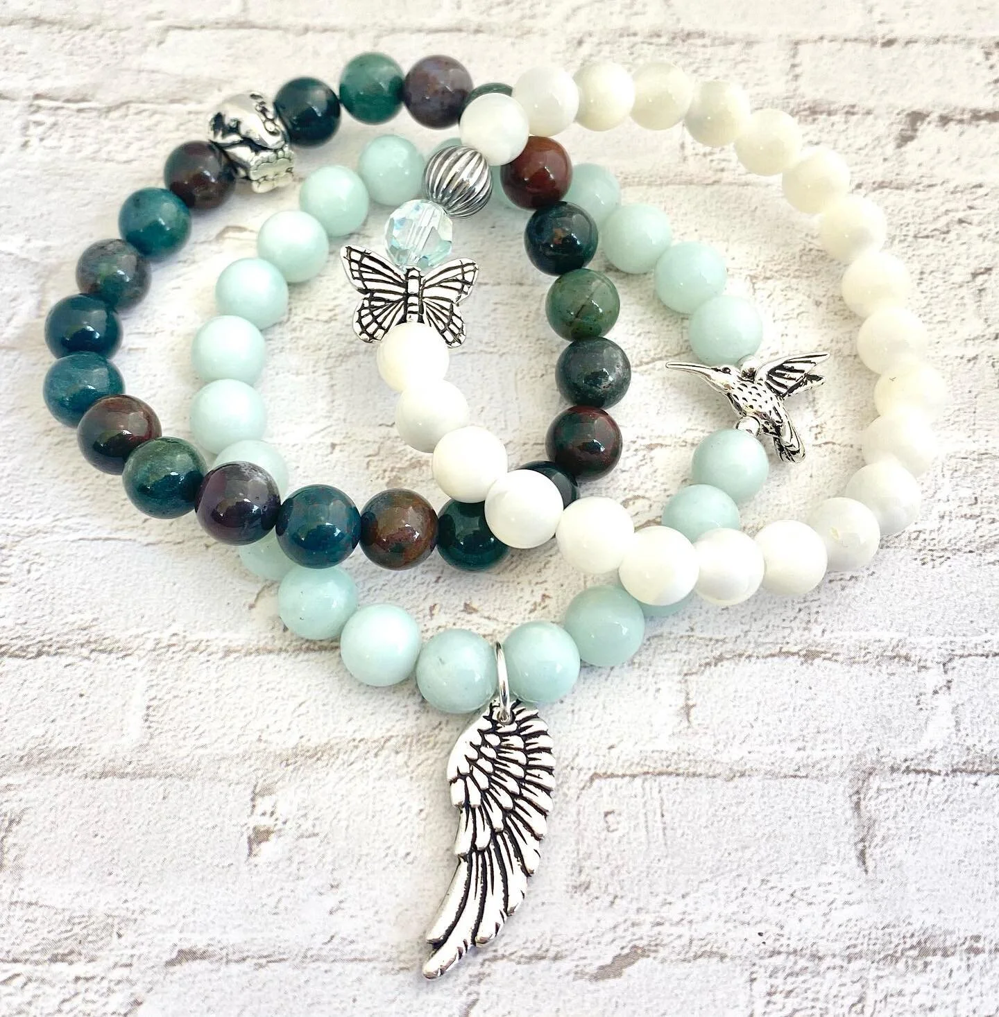 Enjoy your afternoon please!!! Bottom: #amazonite #angelwings #hummingbird  Middle:  #bloodstone #elephant  Top:  #motherofpearl #butterfly  Lisalotusandlava@gmail.com  lotusandlava.com  #lotusandlava
