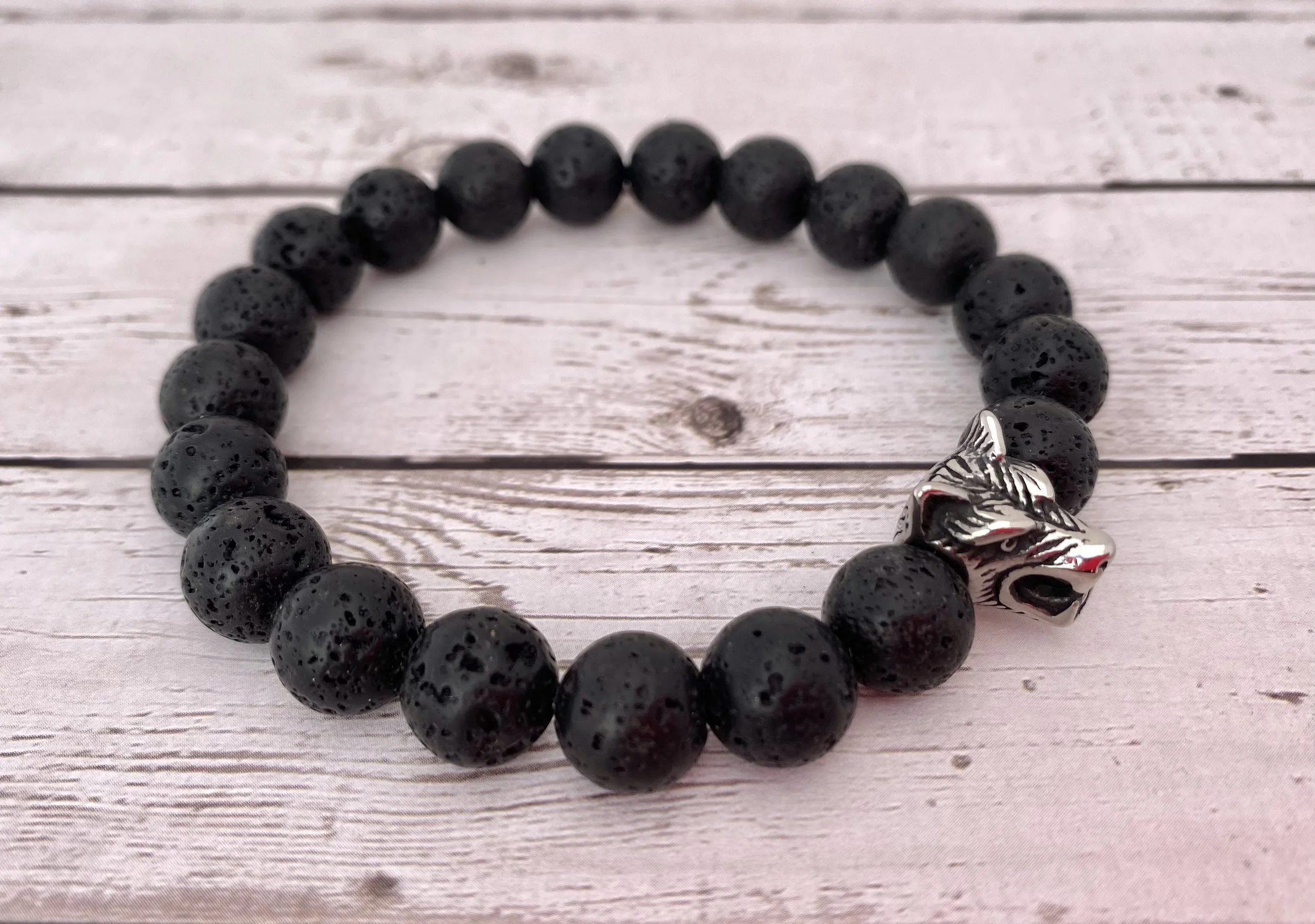 Men's Lava Stone Bracelet - Men's Beaded Bracelet - Essential Oil Bracelet - Bracelet for Courage - Men's Fashion - Wolf Bracelet - Bracelet for Strength