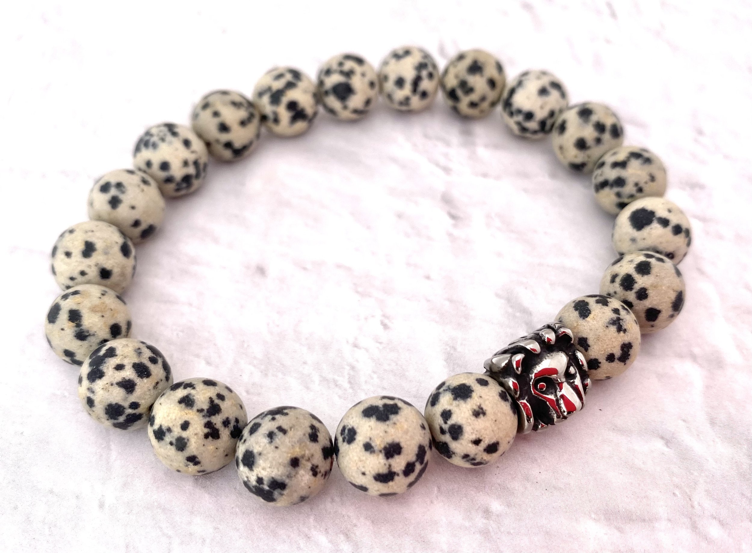 ‍Men’s Matte Dalmatian Jasper Bracelet - Men’s Lion Bracelet for Courage - Men’s Balancing Bracelet - Unique Men’s Bracelet