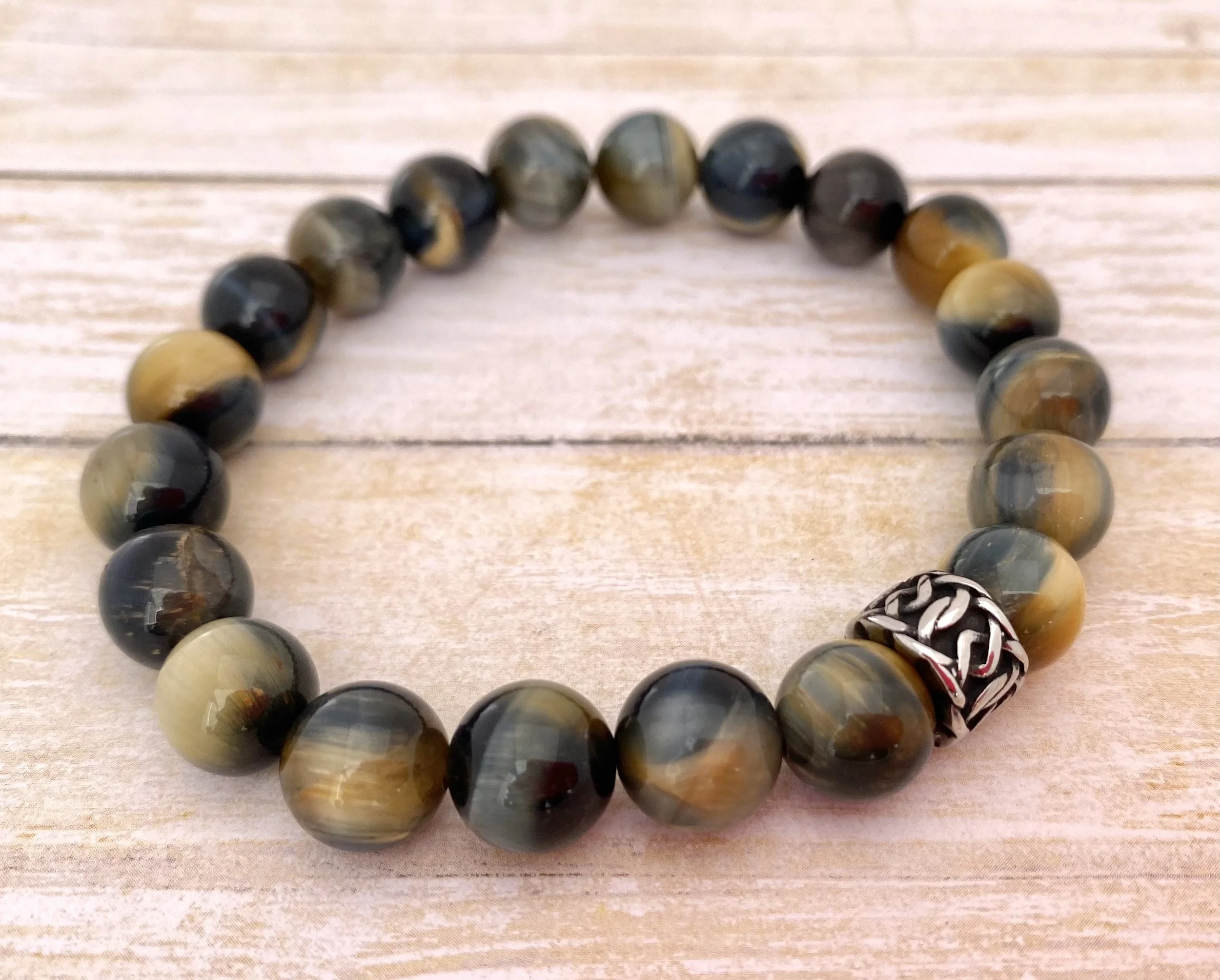 Mens Beaded Bracelet - Tiger Eye Bracelet - Honey Blue Tiger Eye - Mens Fashion - Cool Mens Bracelet - Celtic Knot