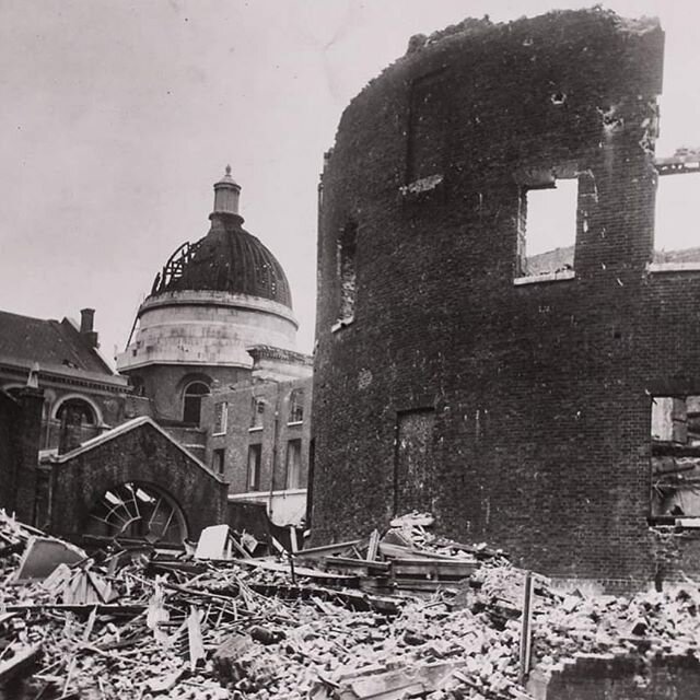 Today marks 75 years since the war ended in Europe - here is a picture of the UCL portico, main building on campus which withstood some heavy bombing - thank you @uclalumni for providing the picture #ucl #stories #remember #university #universitylife