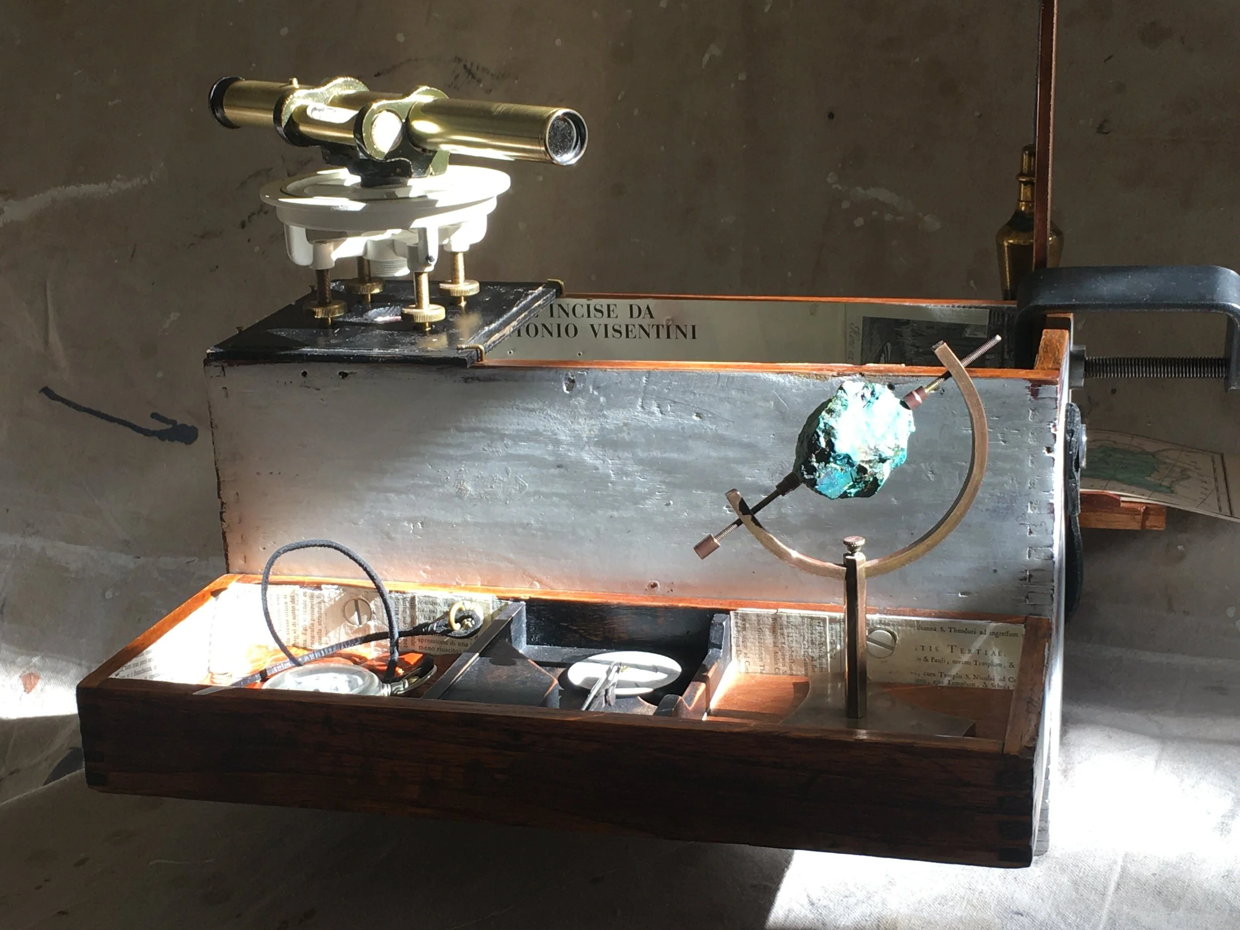  Beauchamp employs three methods for each data stamp—allowing him to triangulate in place and time.  Place:  pendulum (as often used in dowsing), surveyor’s transit, geological sample.  Time:  hourglass, pocket watch, and precision dial. 
