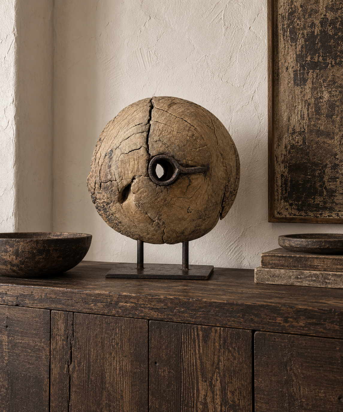 wabi sabi decor , indian rustic wheel on stand