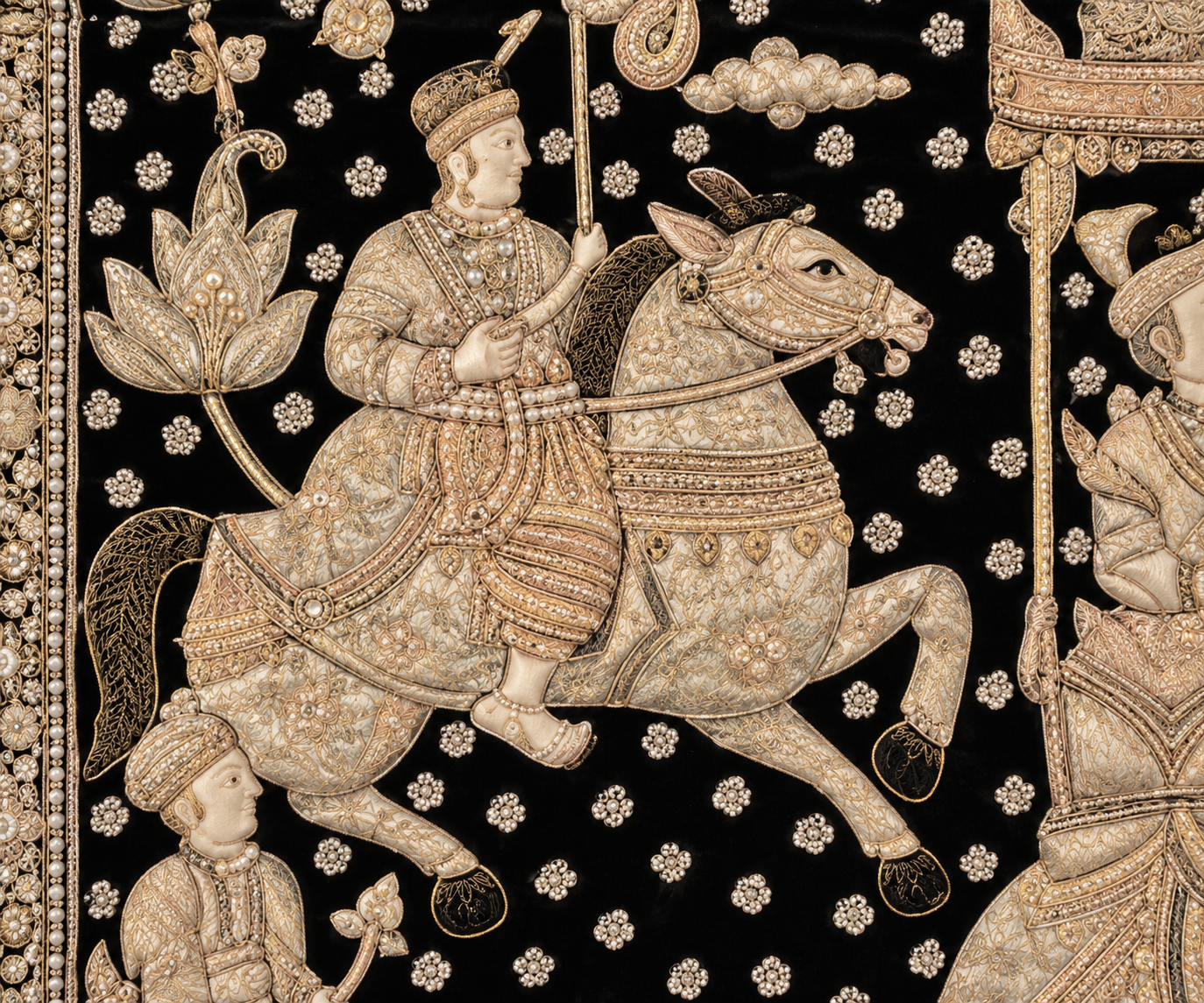 Kalaga textiles are known for their elaborate handwork, combining metallic threads, beads, sequins, stones and padded appliqué against a dark velvet or cloth ground