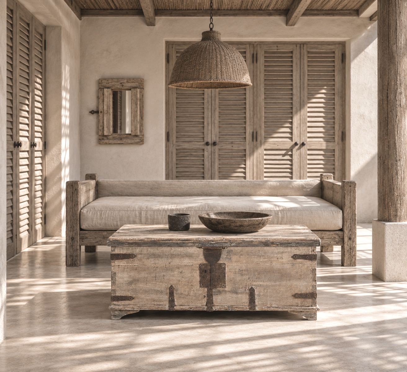 trunk coffee table , rustic sun bleached furniture byron bay