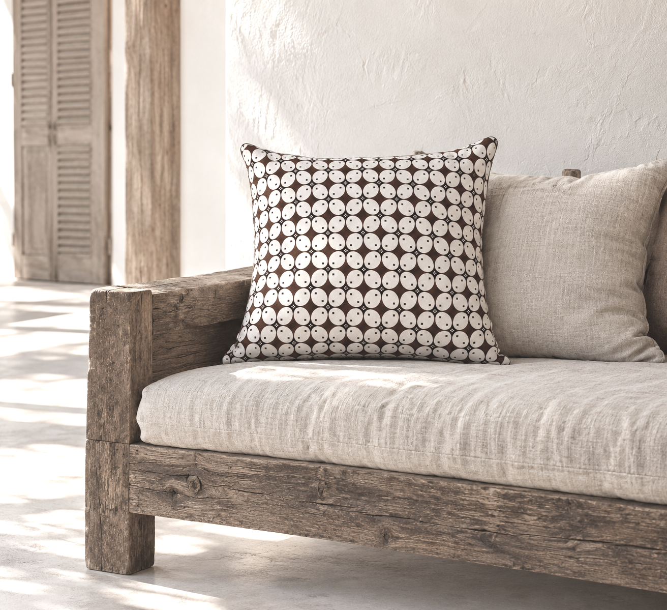 batik cushion cover, neutral coloured cushion, outdoor fabric