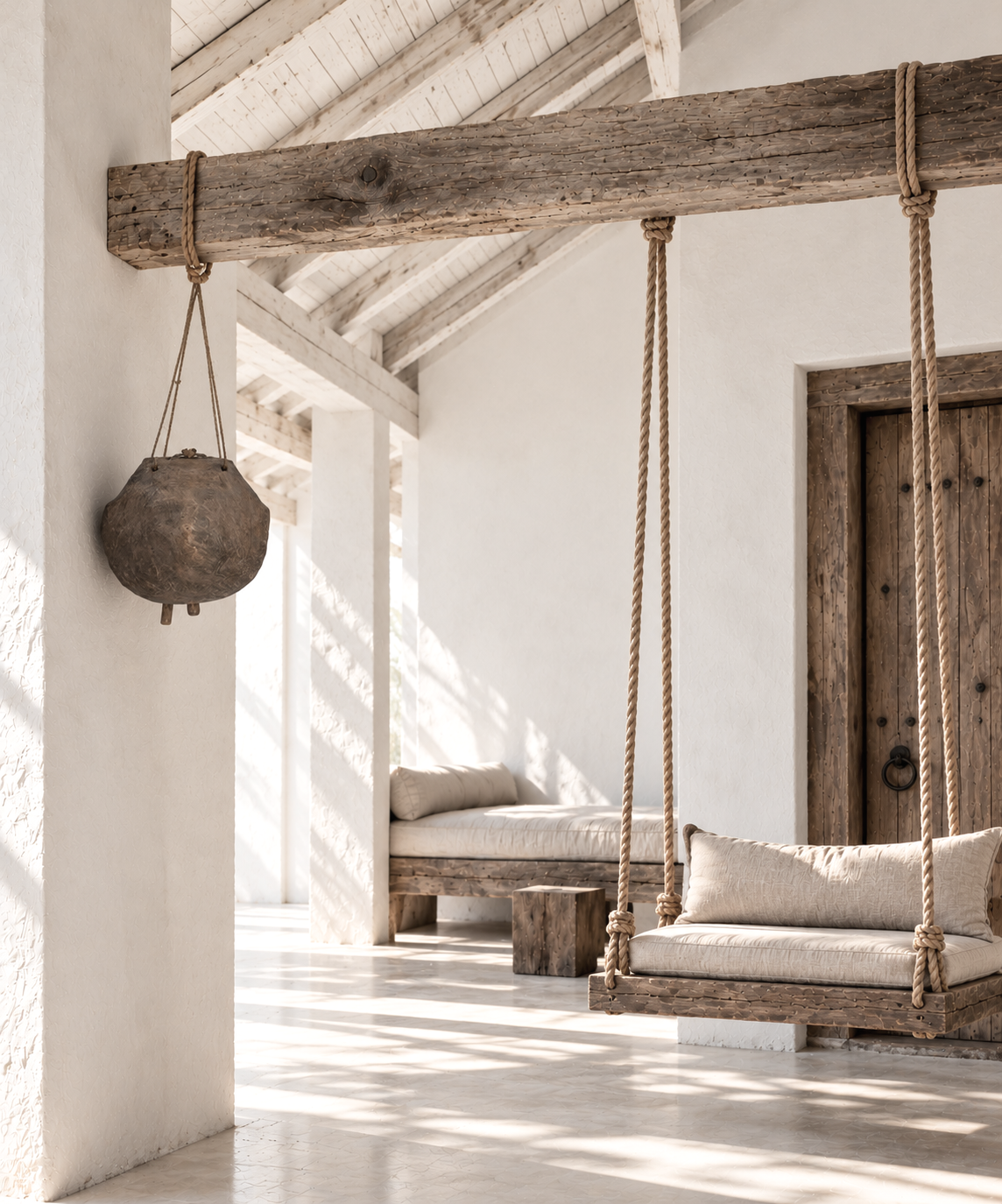 antiqueIindian cow bell Sunlit+Mediterranean+Porch+with+Rustic+Swing