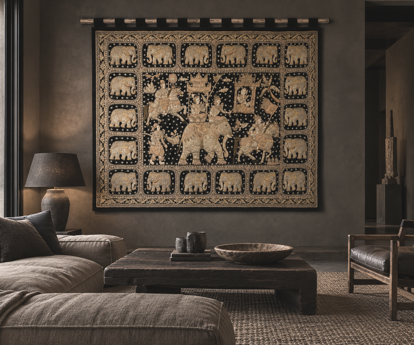 Kalaga textiles are known for their elaborate handwork, combining metallic threads, beads, sequins, stones and padded appliqué against a dark velvet or cloth ground