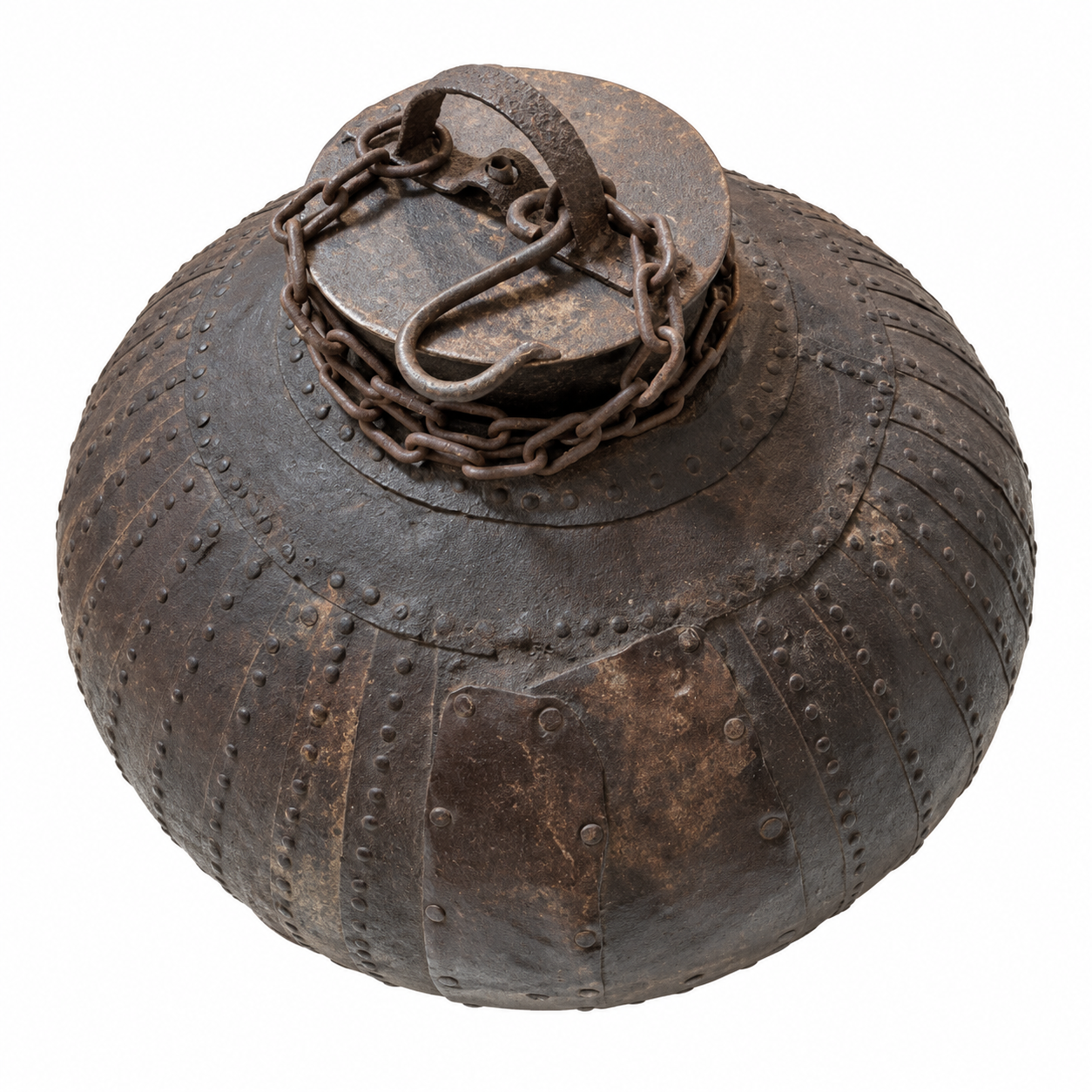 Riveted+Rusted+Iron+Vessel+with+Chain.
