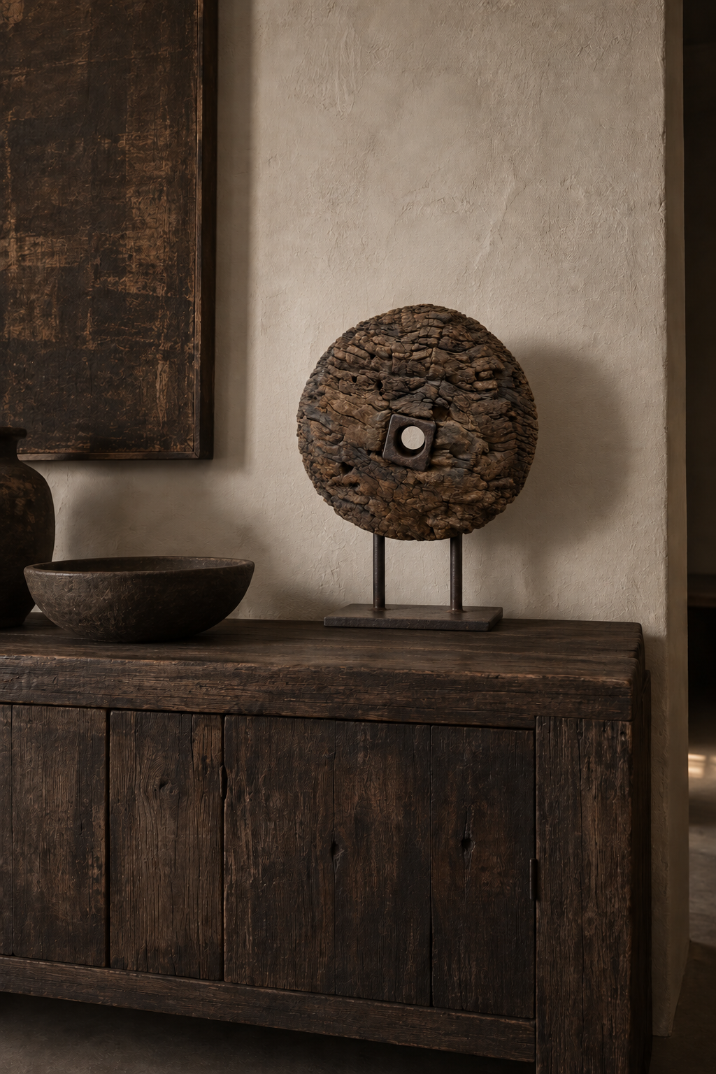 wabi sabi decor , indian rustic wheel on stand