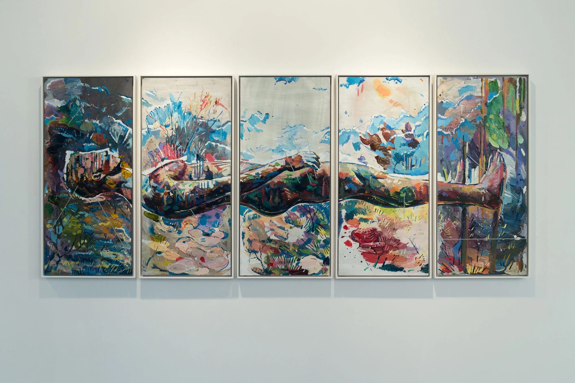 Horizon St Sebastian. Oil on board. Five Panels of 46.5cm x 101.5cm each