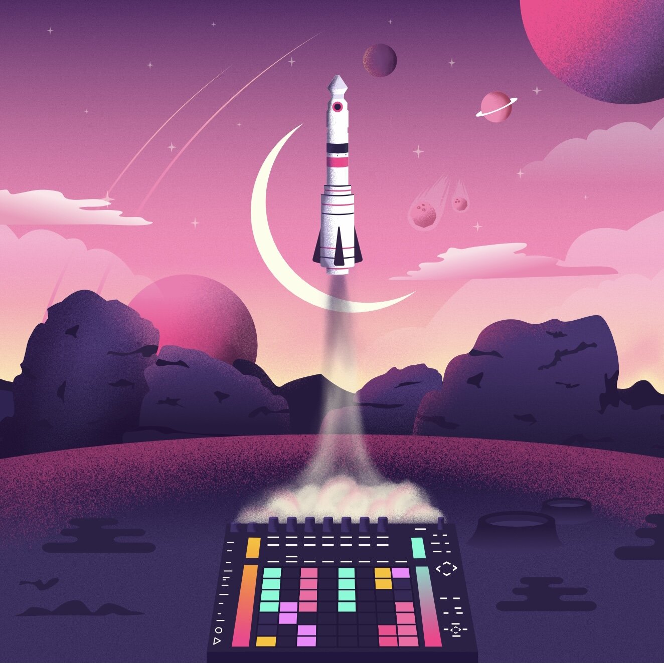 Milli jane album cover 35mm headphone jack rocket and multi coloured sound board