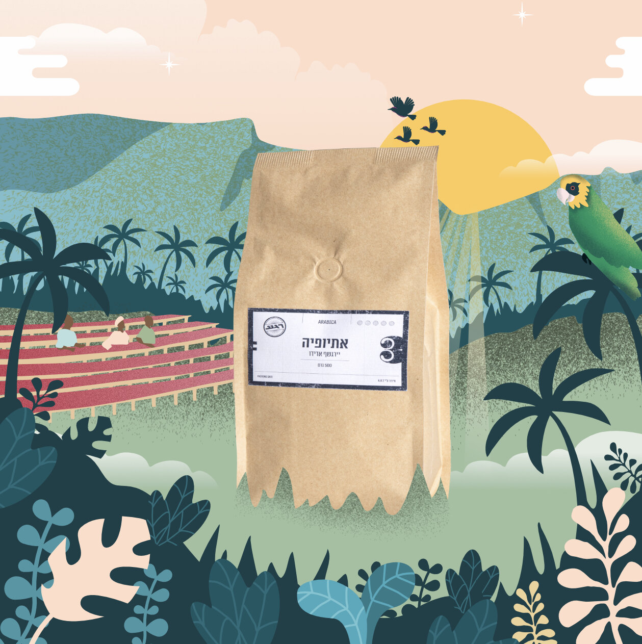 Milli Jane coffee beans in Ethiopian travel poster design at sunset with parrots and foliage