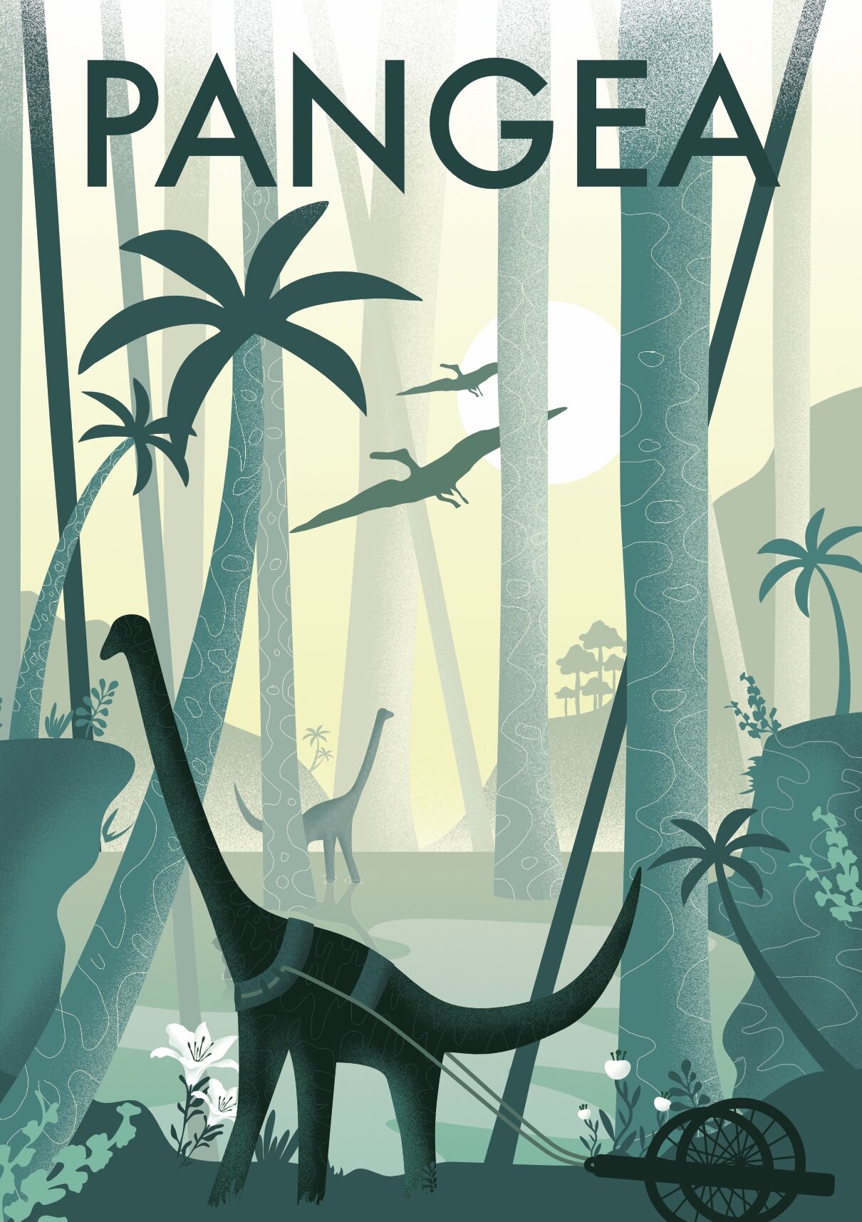 Millijane pangea travel poster with working dinosaurs and an ancient forest