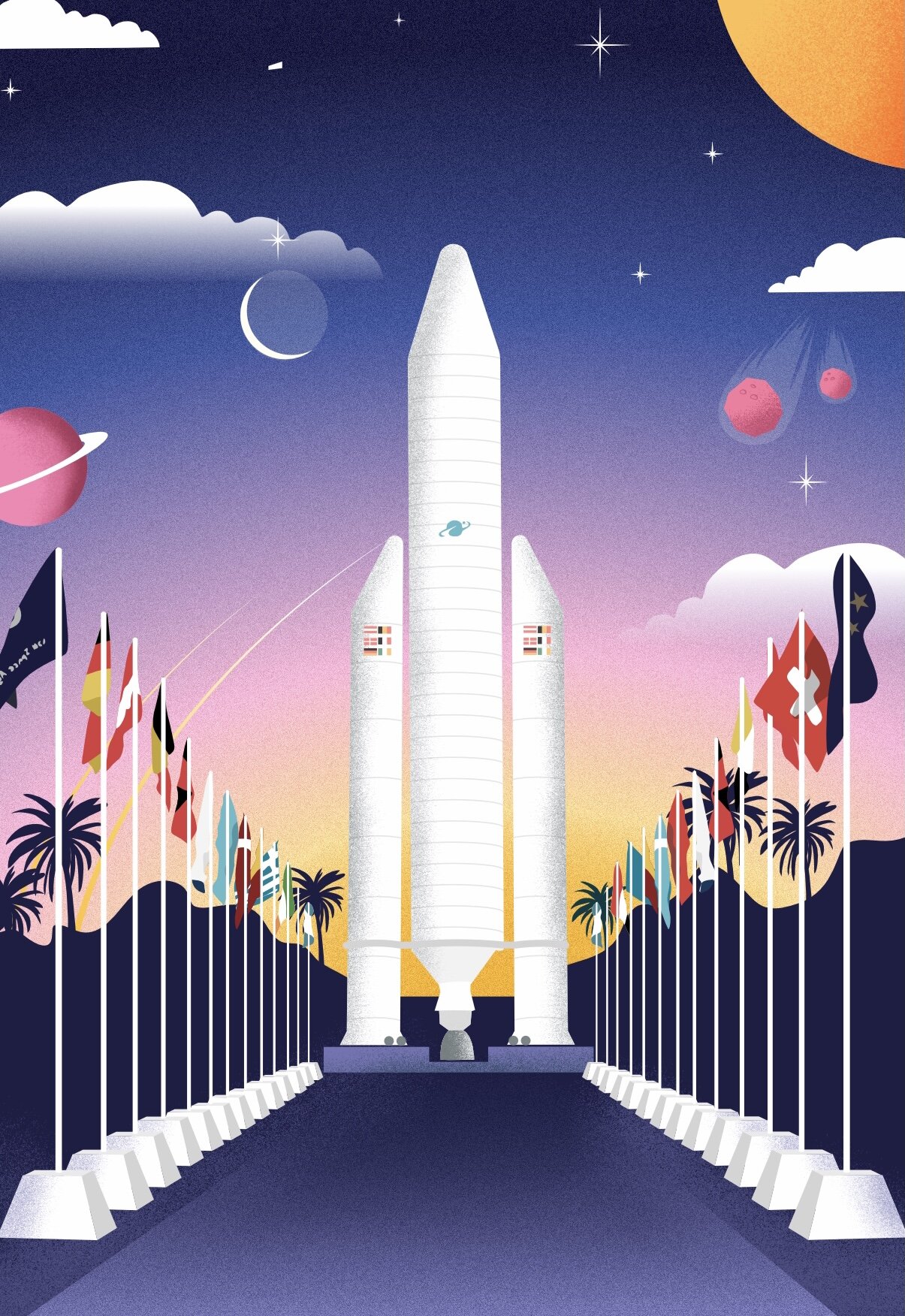 Milli jane rocket museum in space with international flags