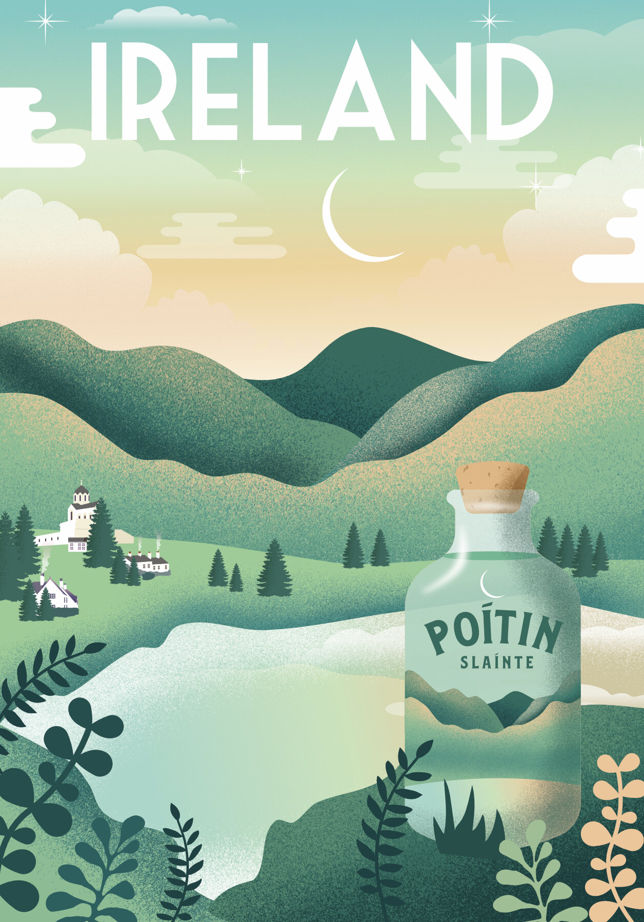 Milli jane Ireland travel poster green fields small village crescent moon poitin bottle