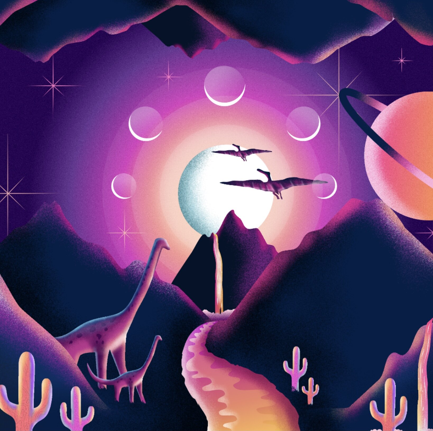 Milli jane inverted universe with dinosaurs moons and a golden river