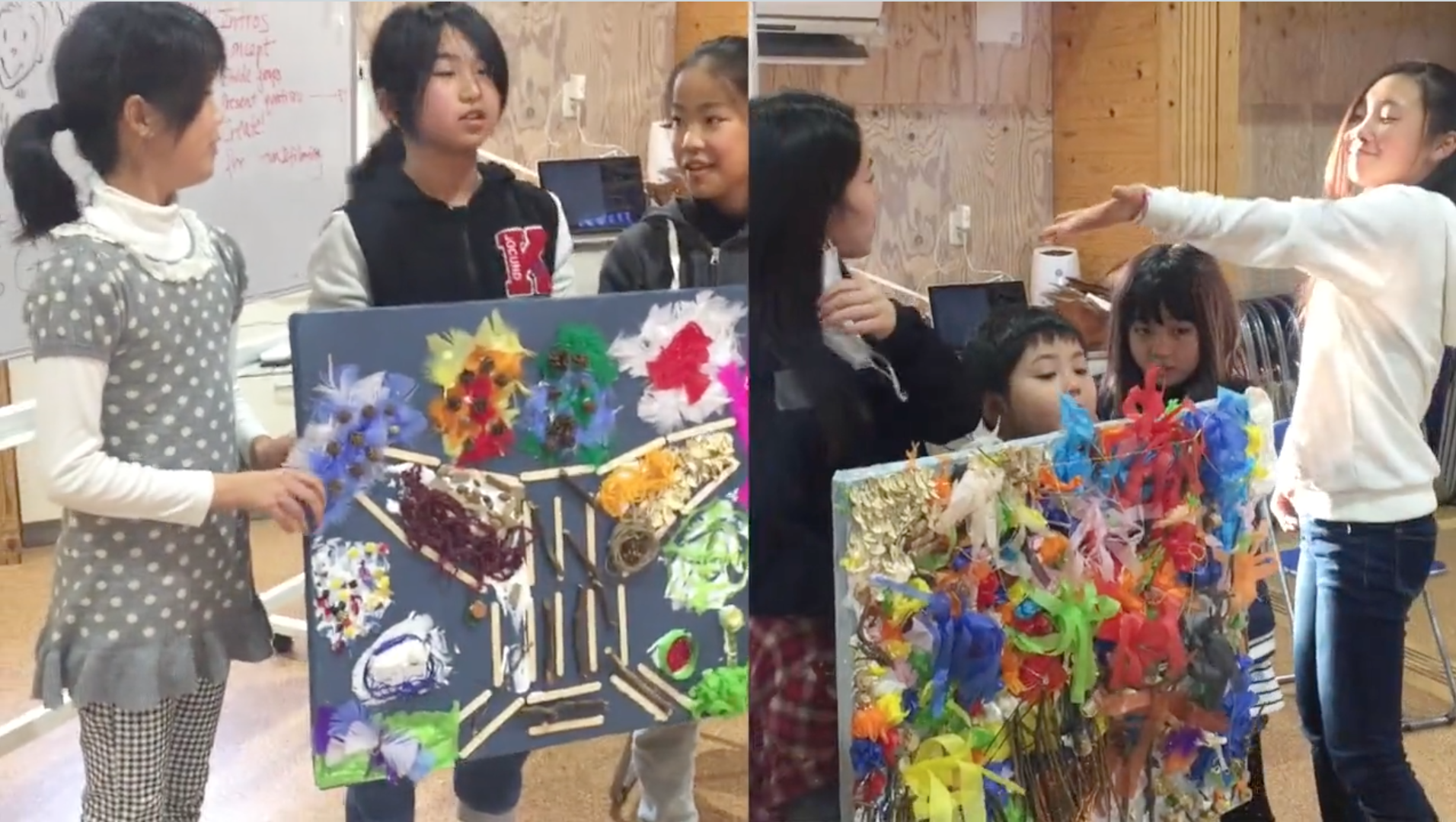  Children at the workshop presenting their art works. 