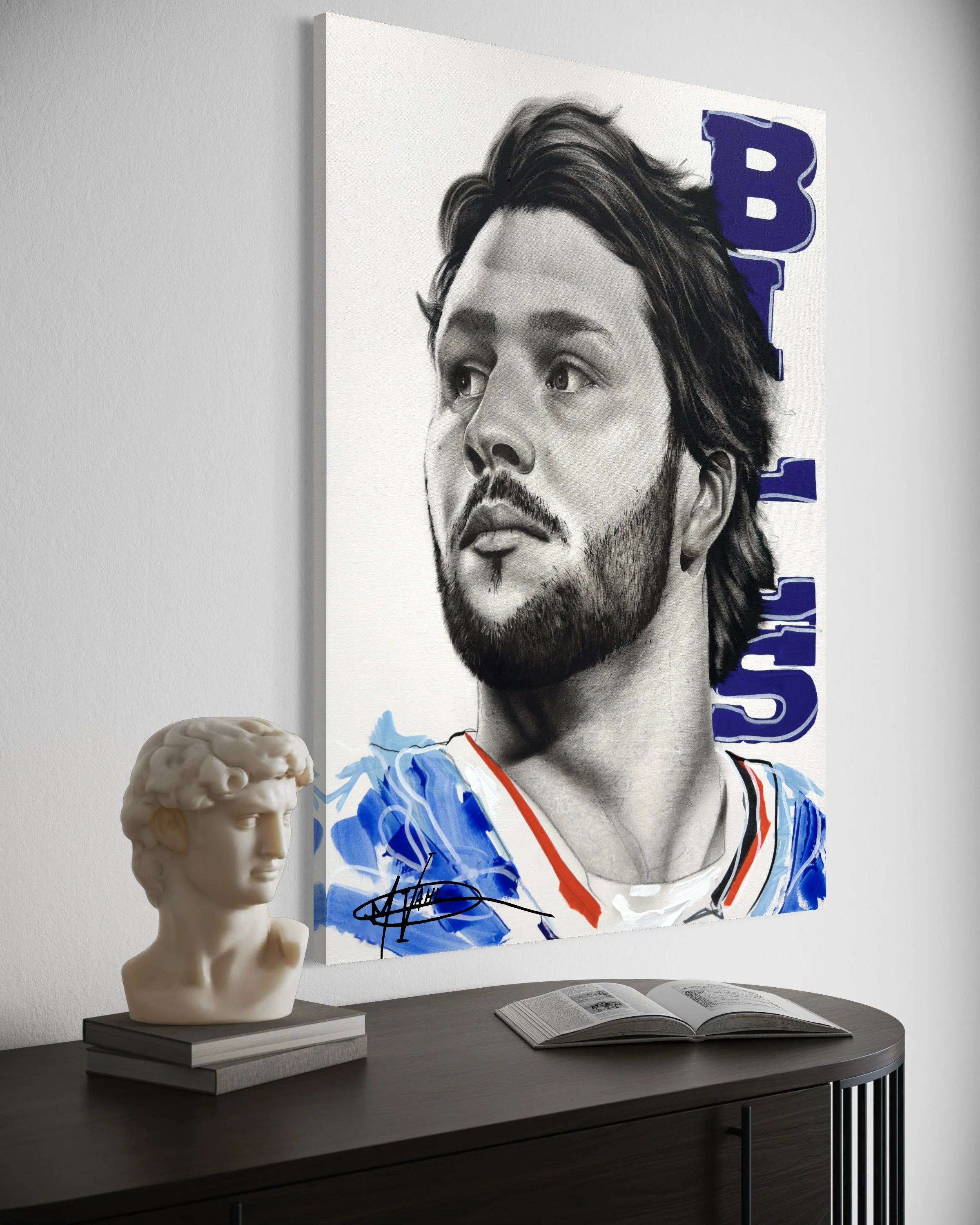 Josh Allen canvas print by Michael Vahl displayed on a white wall above a console.