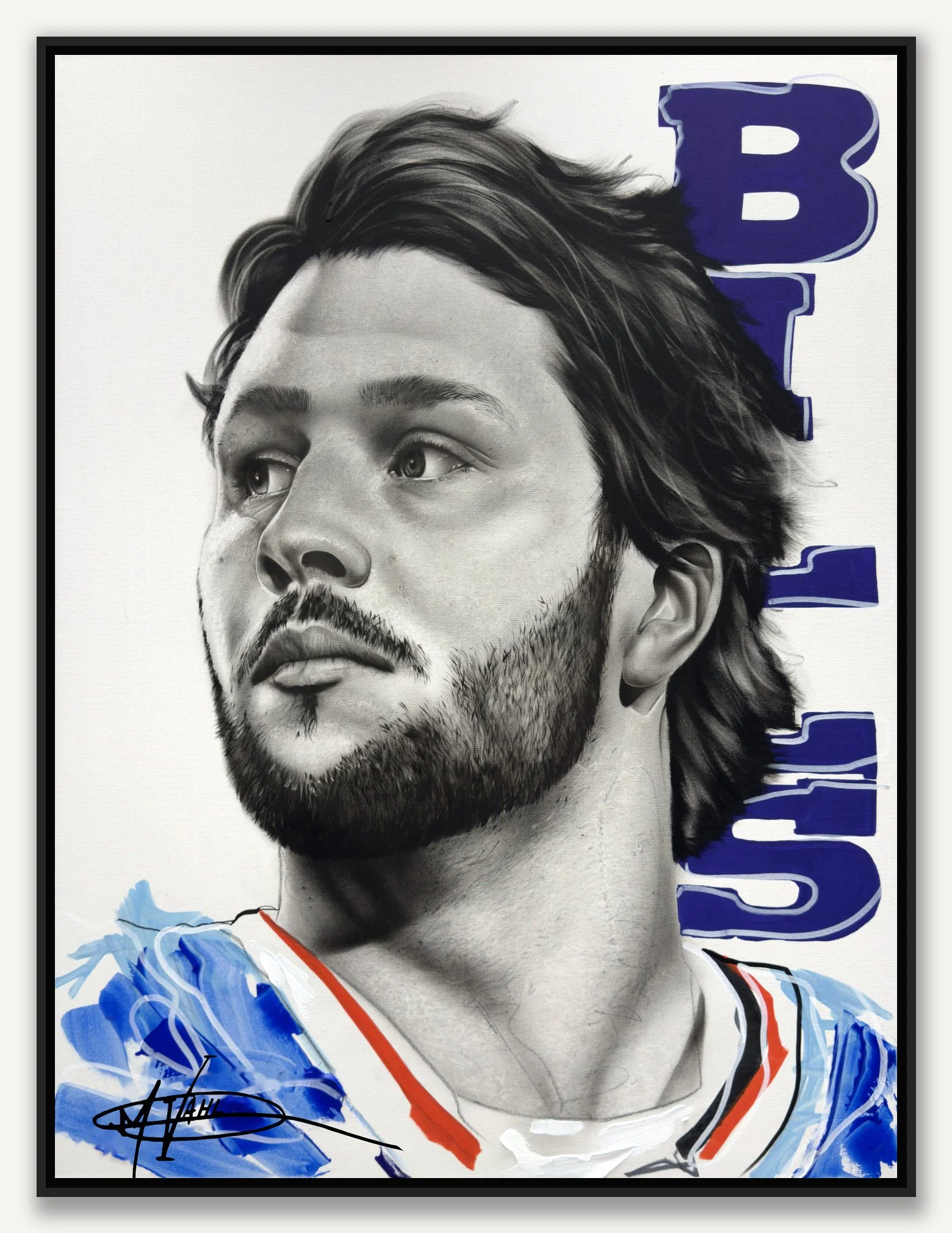 Preview of Michael Vahl’s Josh Allen canvas print in a black floating frame.