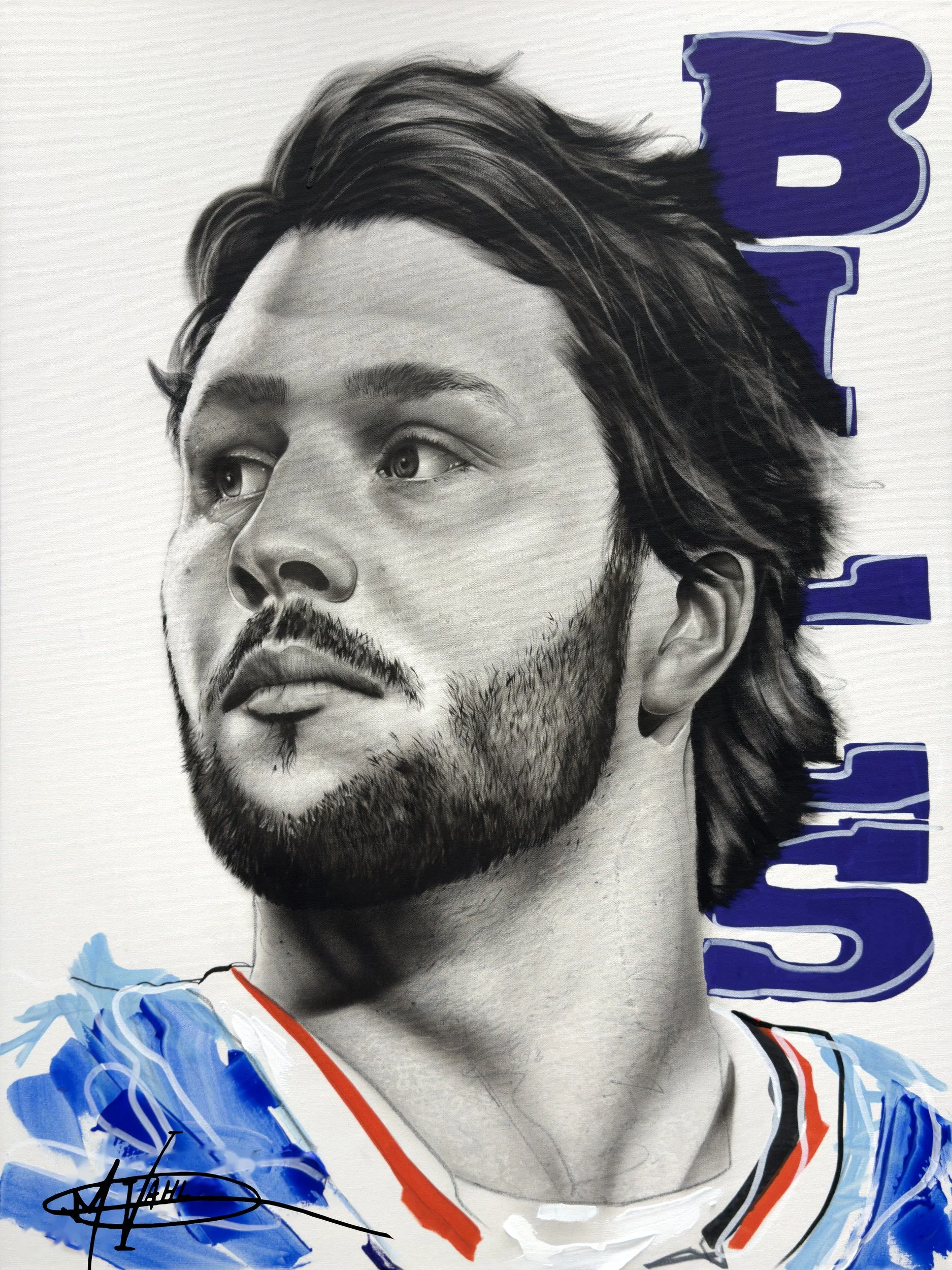 Josh Allen dry brush portrait by Michael Vahl with blue and red accents and the artist’s signature.