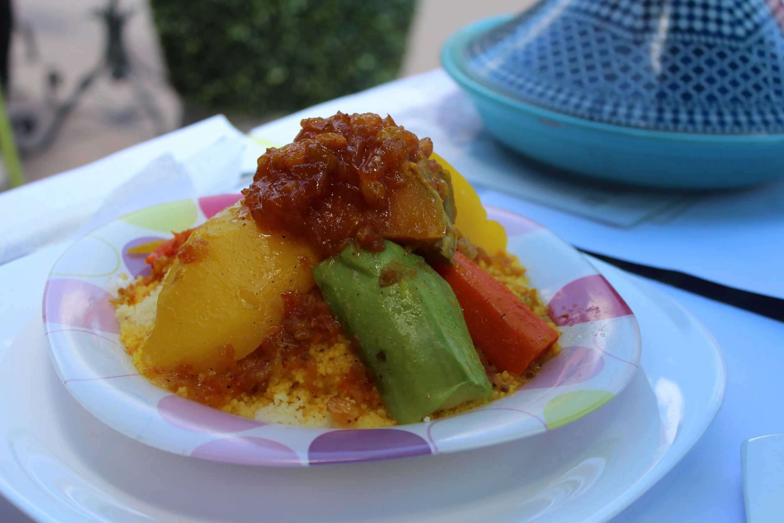 Traditional moroccan couscous, potatoes, veggies and a sweet/sour sauce. Amazing.