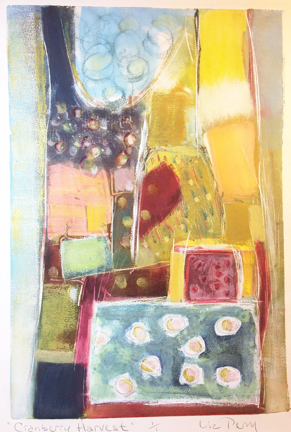 Liz Perry, Monoprint-Cranberry Harvest
